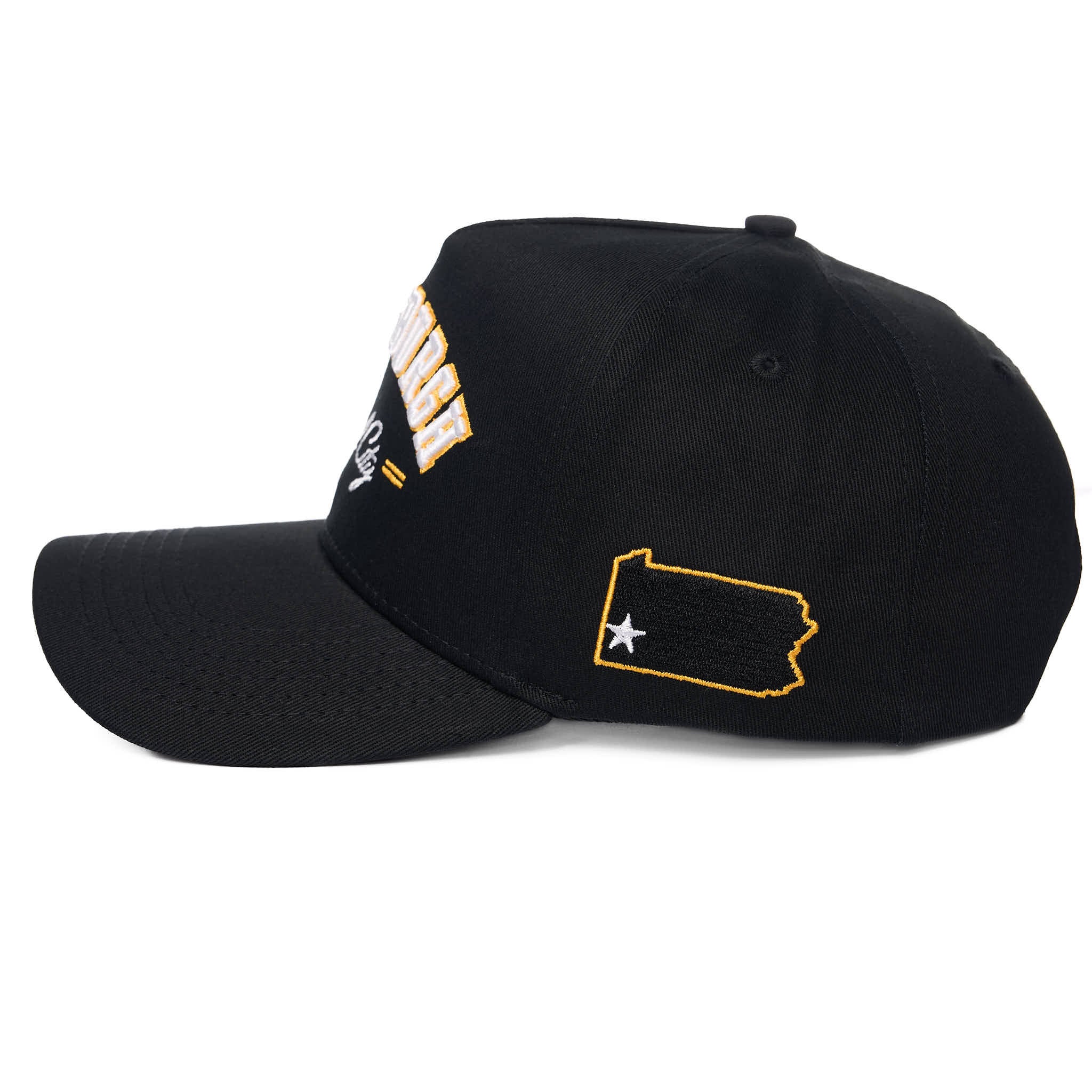 Black cap with gold and white design on a white background