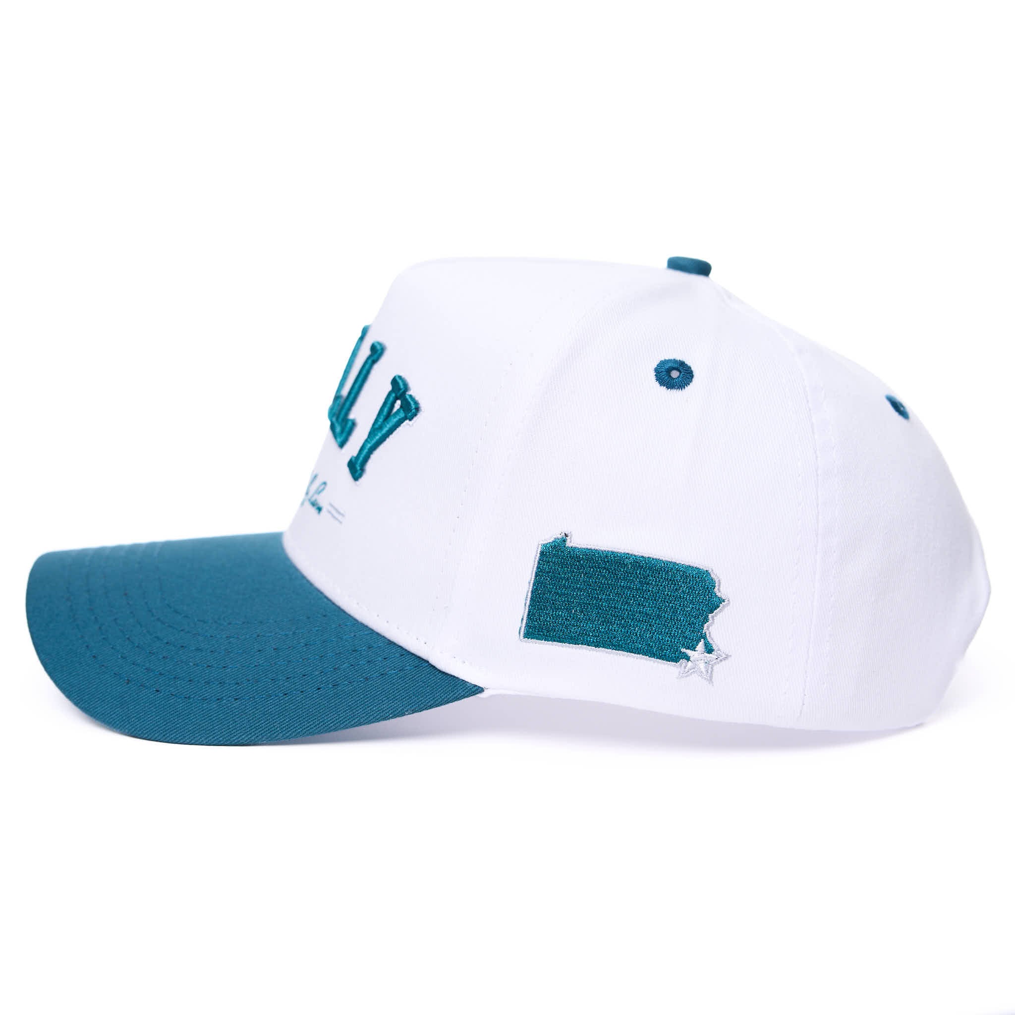 White and blue cap with 'PHILLY' and 'City of Brotherly Love' text on a white background