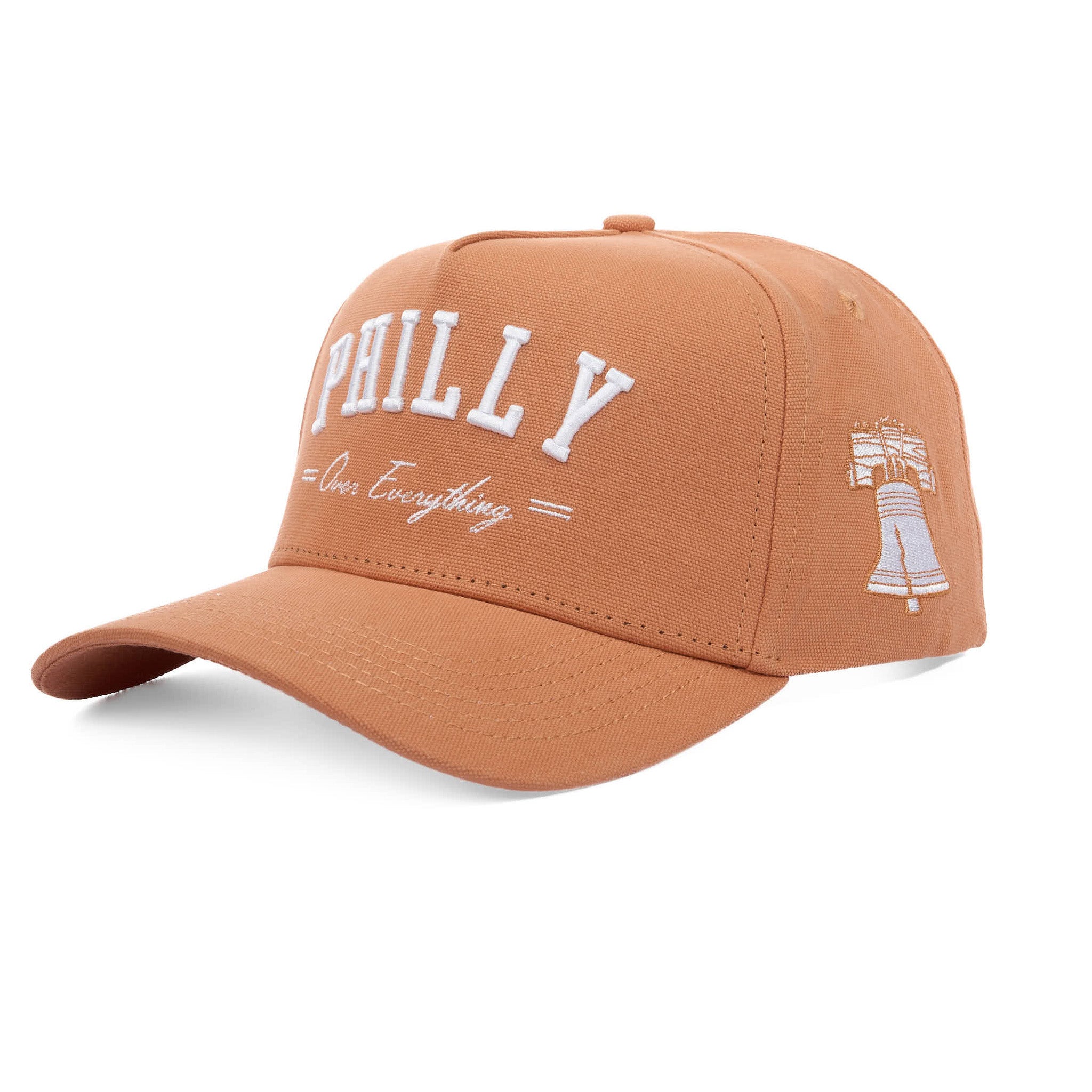 Brown cap with 'PHILLY Over Everything' text on a white background
