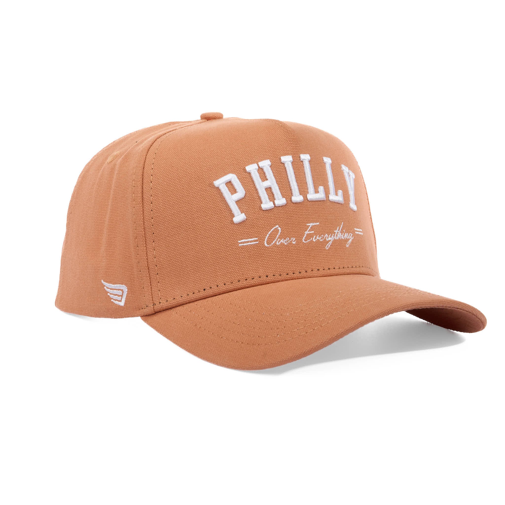 Brown cap with 'PHILLY Over Everything' text on a white background