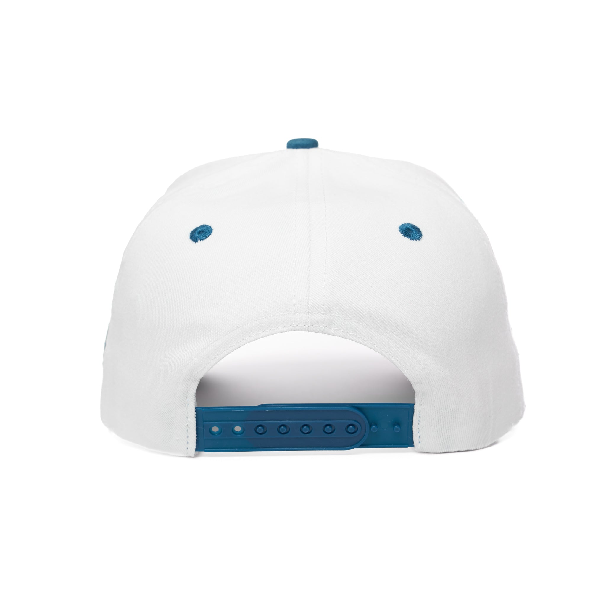 White cap with blue accents on a white background