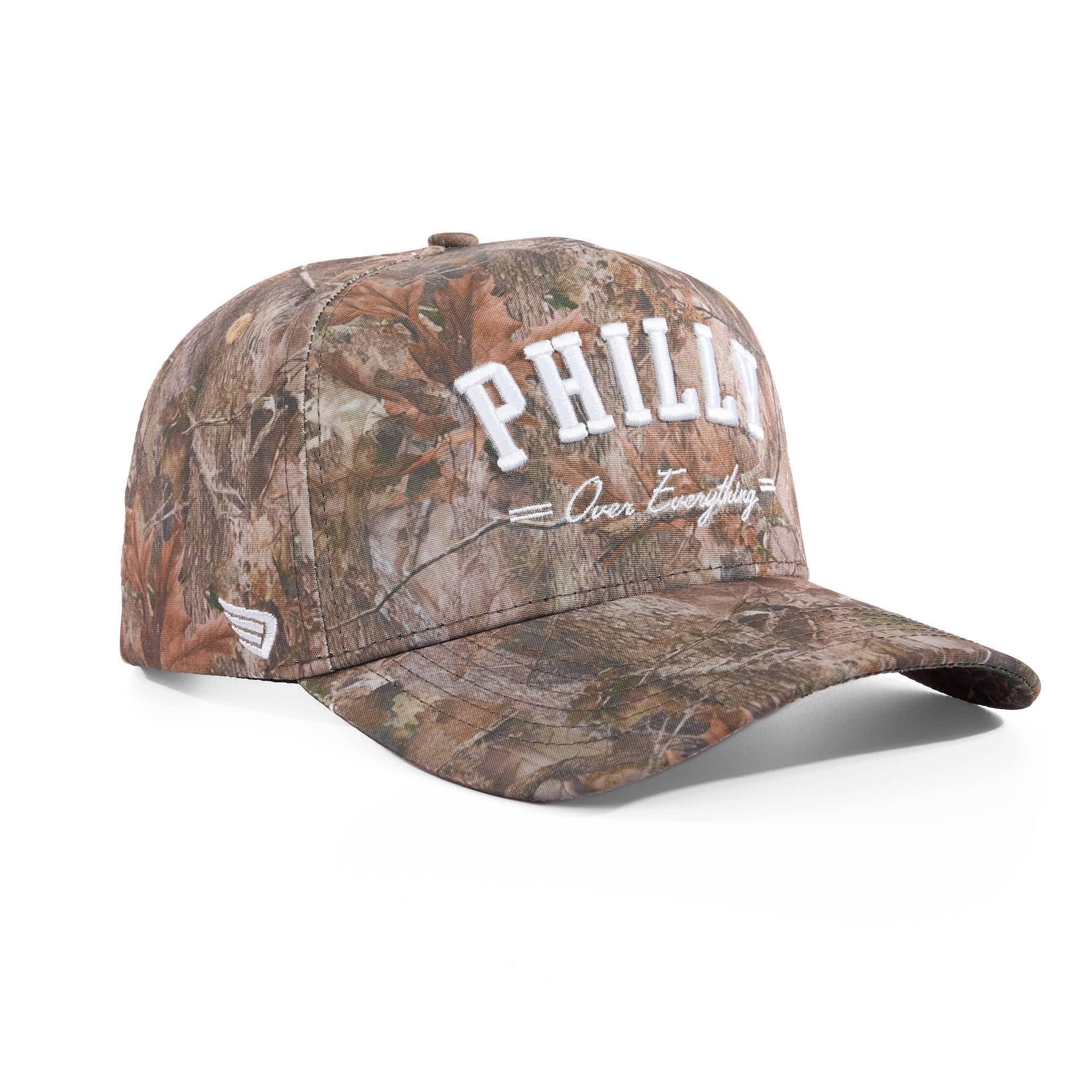 Camouflage baseball cap with 'PHILLY Over Everything' text on a white background
