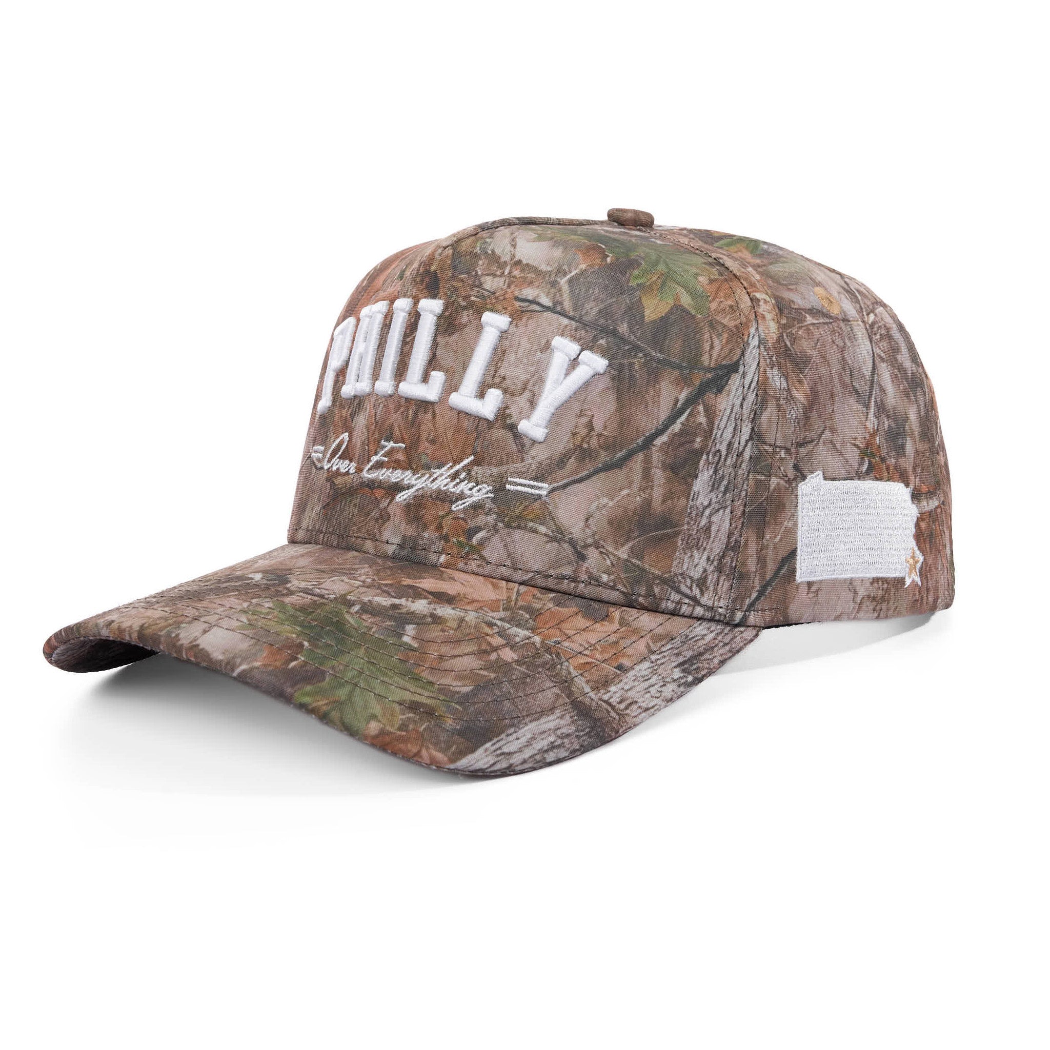 Camouflage cap with 'PHILLY Over Everything' text on a white background