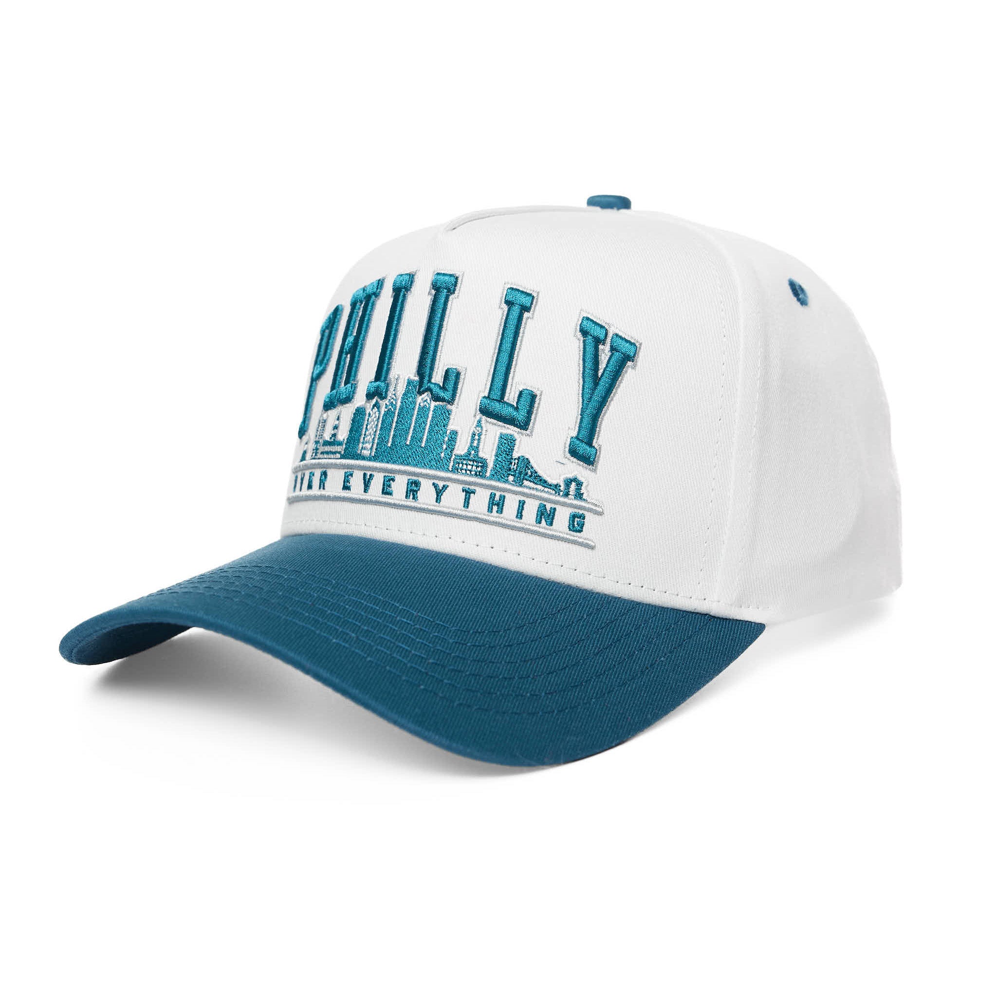 White and blue cap with 'PHILLY over everything' text on a white background