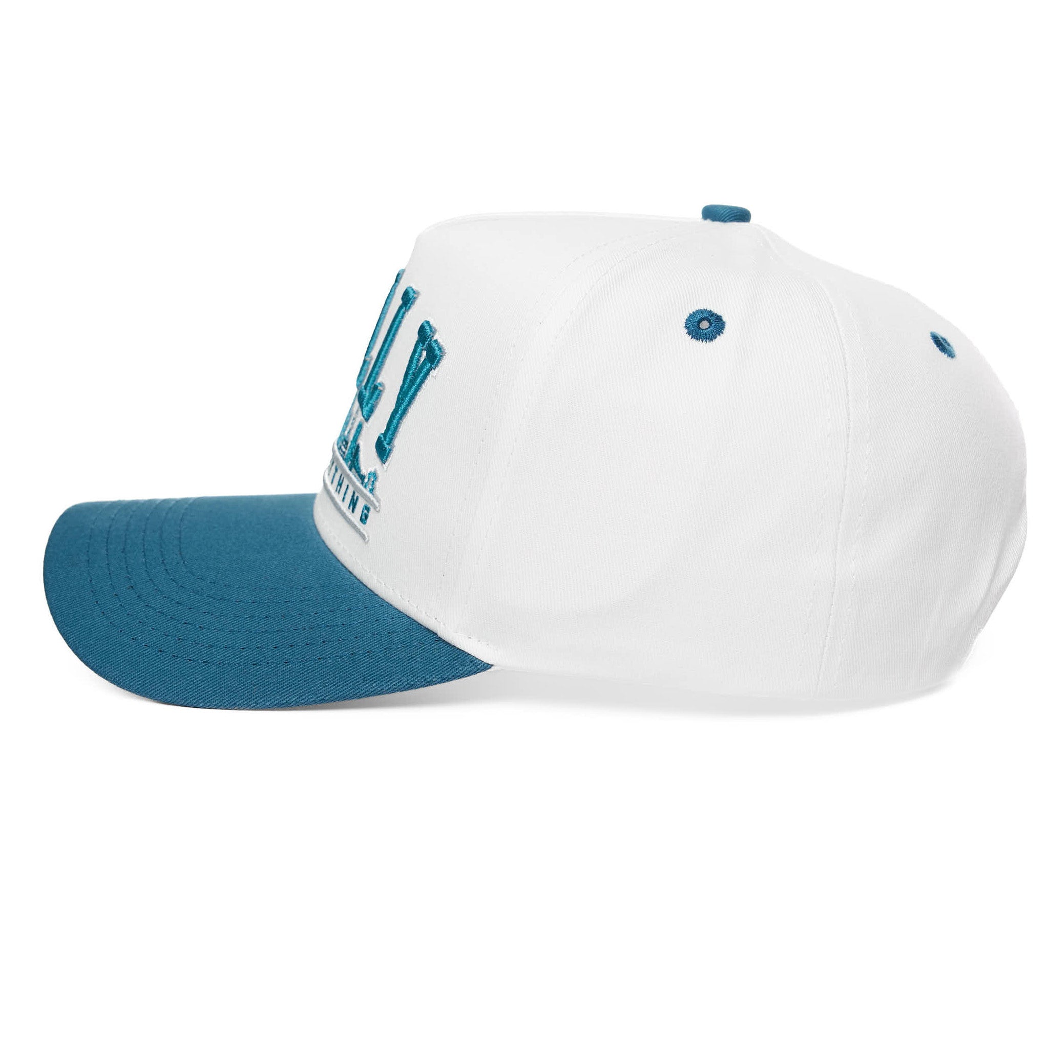 White cap with blue visor and logo on a white background