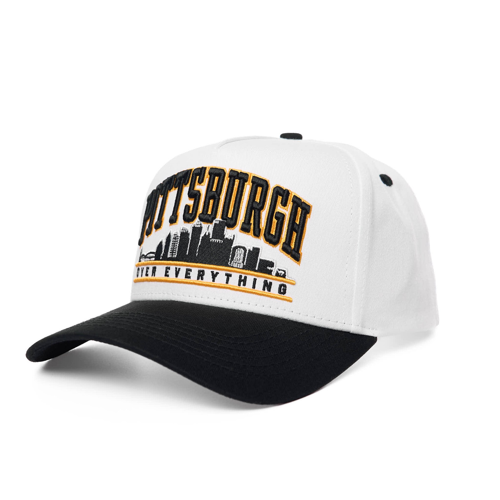 White and black cap with 'Pittsburgh Over Everything' text on a white background