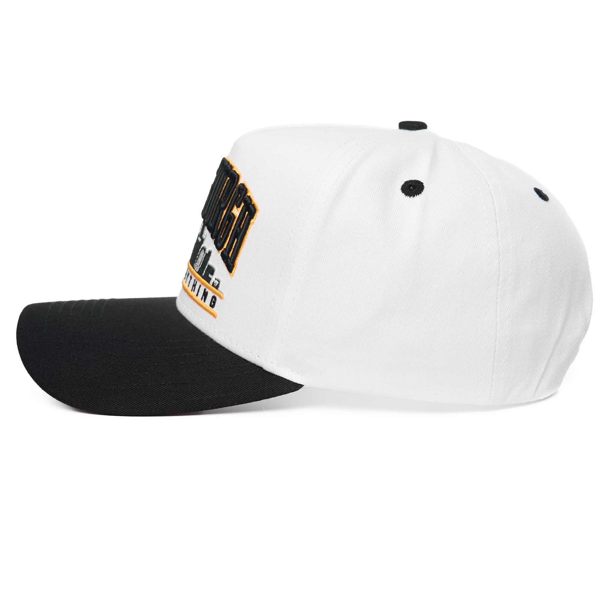 White and black cap with text on a white background
