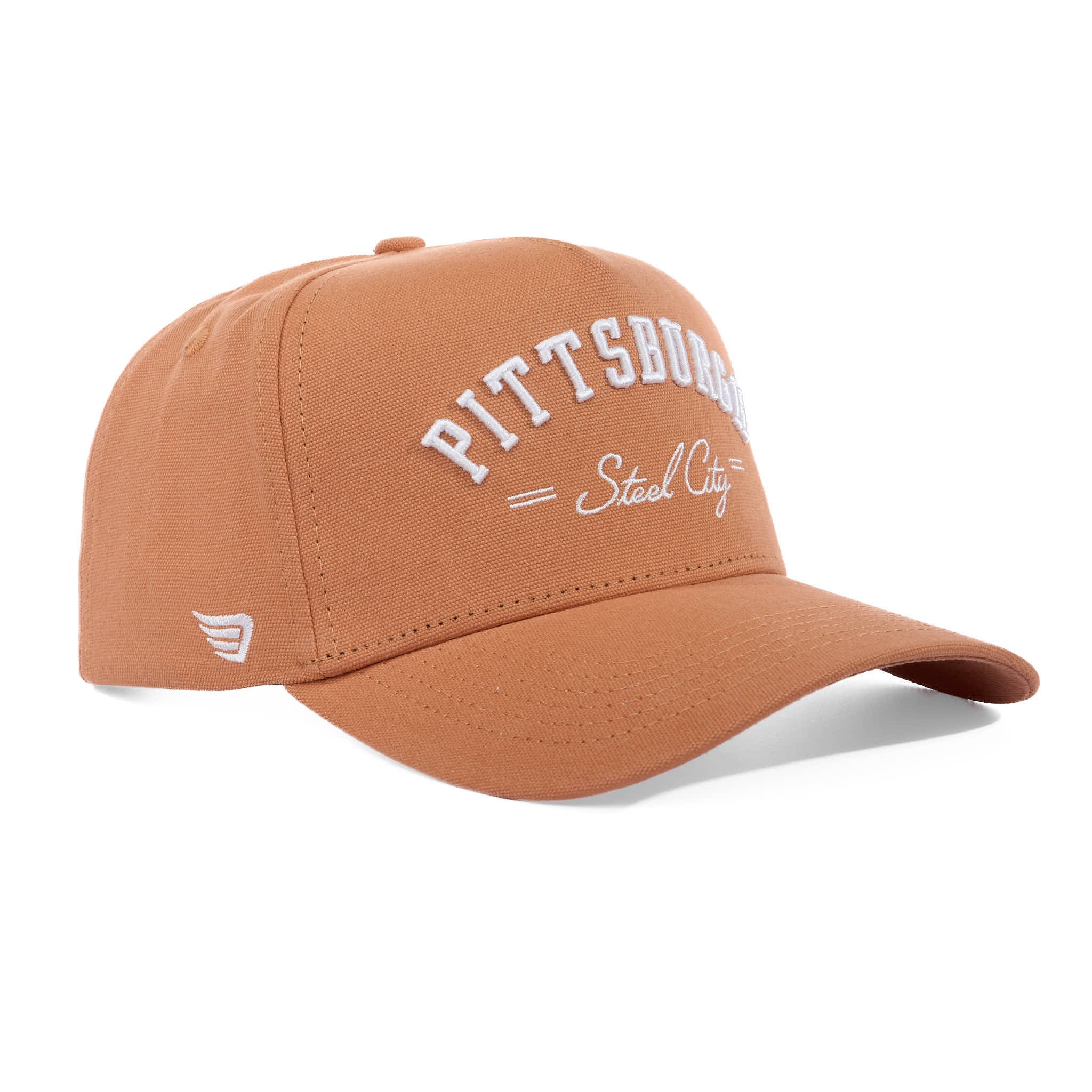 Brown cap with 'Pittsburgh Steel City' text on a white background