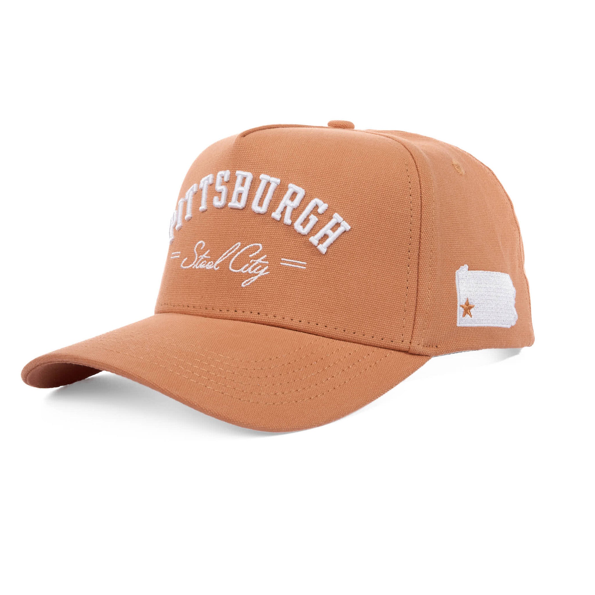 Brown cap with 'Pittsburgh Steel City' text on a white background