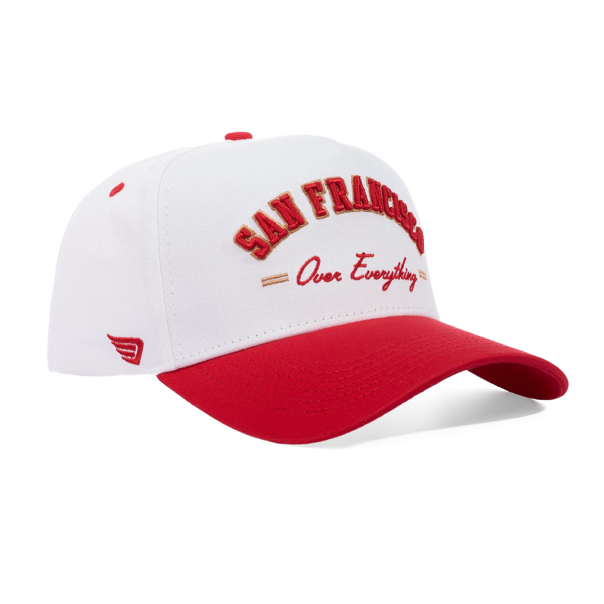 White and red cap with 'San Francisco Over Everything' text on a white background