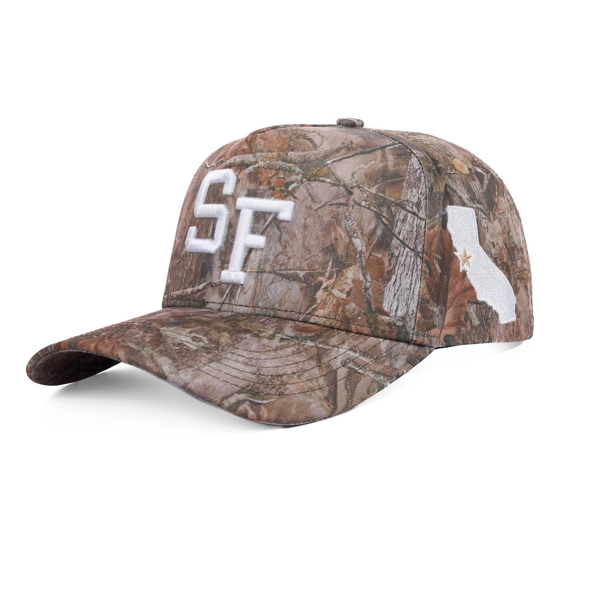 Camouflage cap with 'SF' on a white background