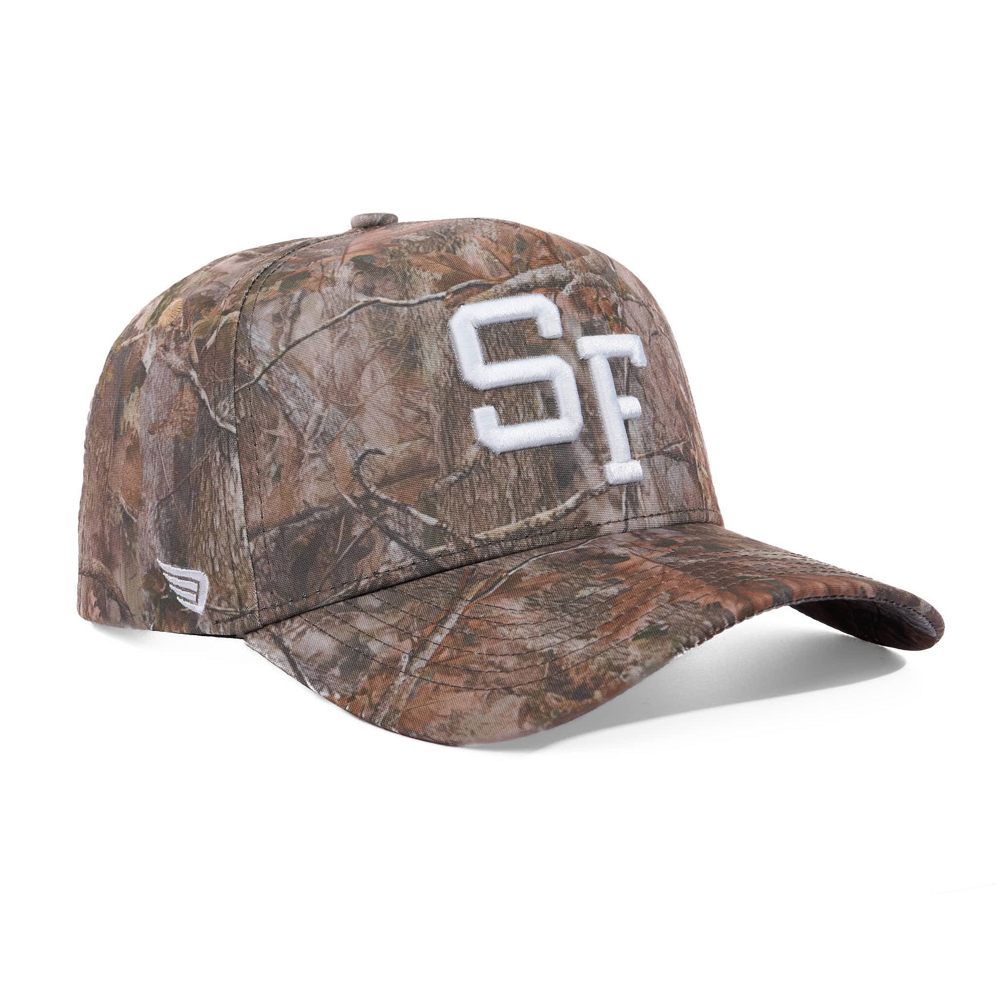 Camouflage baseball cap with a logo on a white background