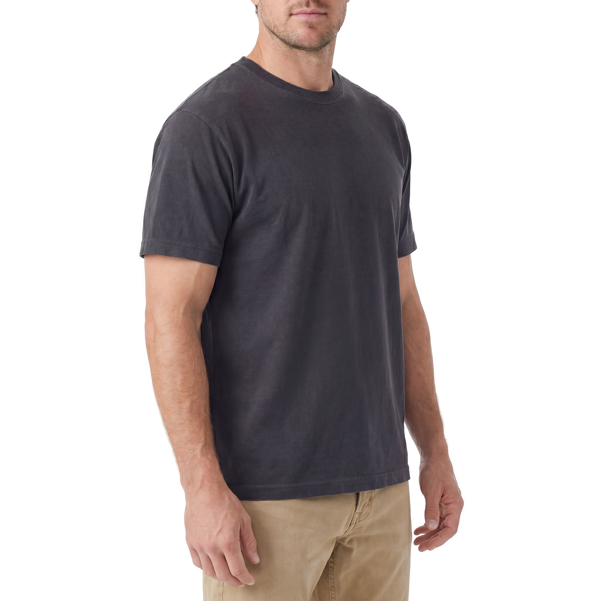 Man wearing a dark gray t-shirt on a white background