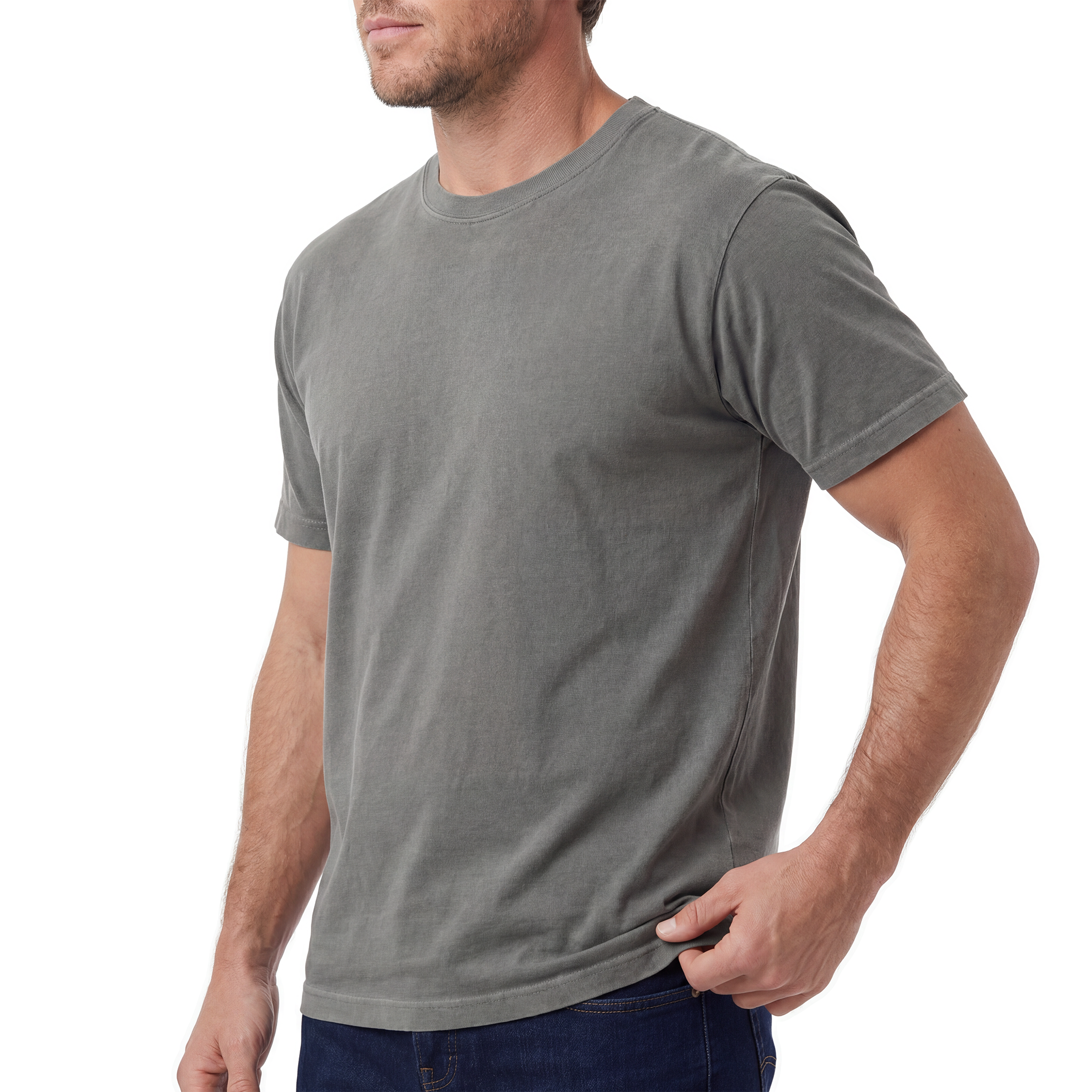 Man wearing a gray t-shirt on a white background