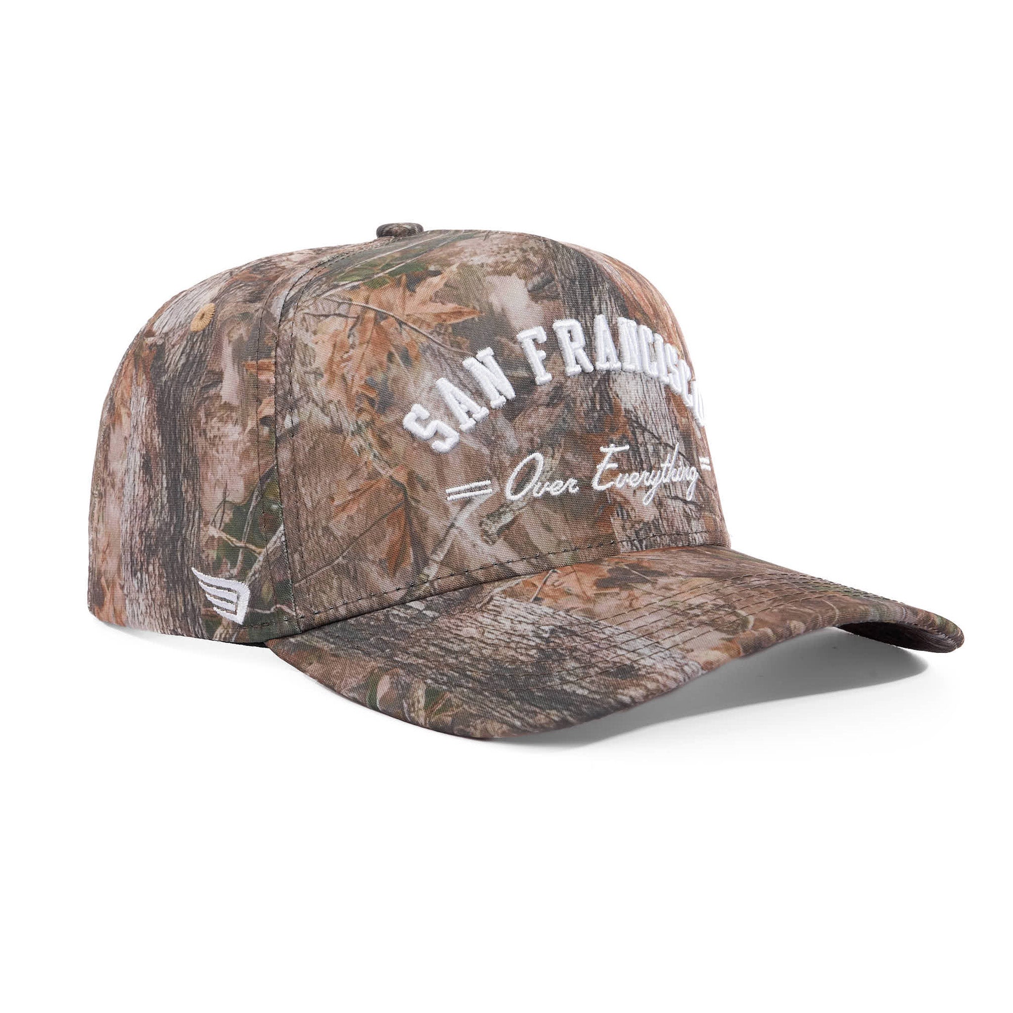 Camouflage baseball cap with 'San Francisco Over Everything' text on a white background