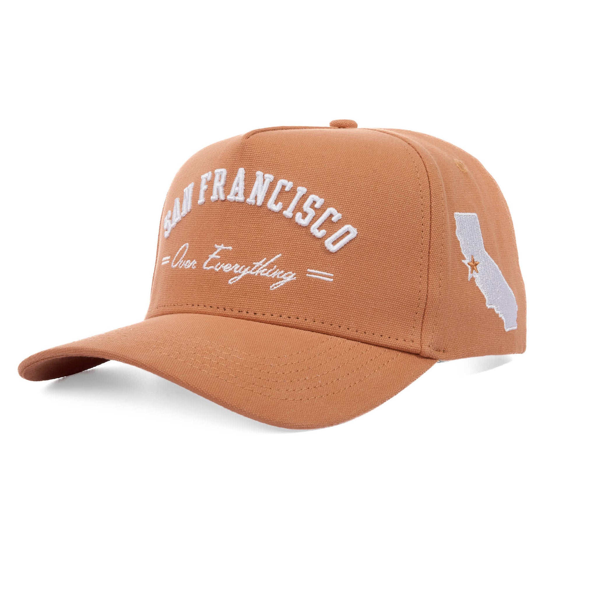 Brown cap with 'San Francisco Over Everything' text and California map on a white background