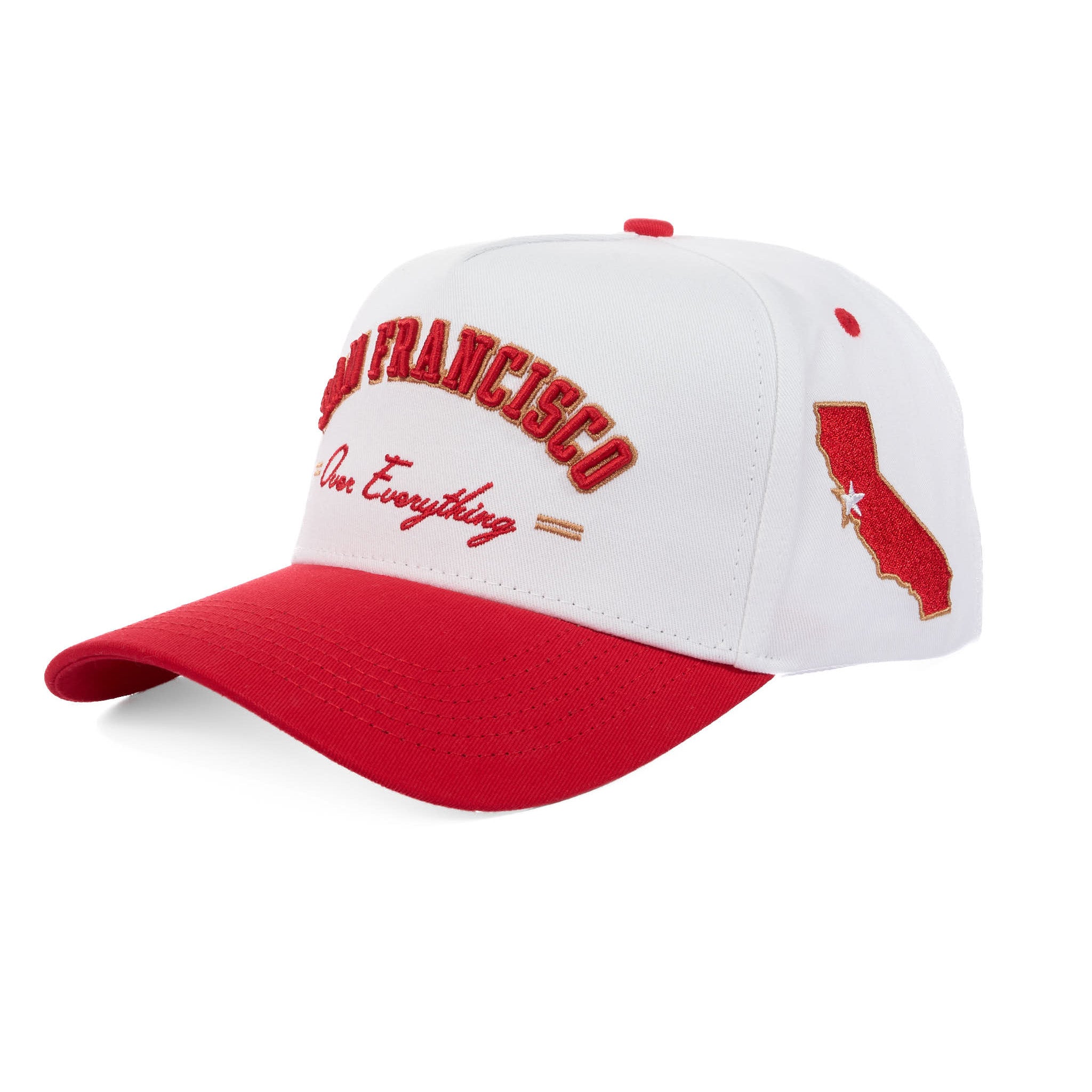 White and red cap with 'San Francisco' and state design on a white background