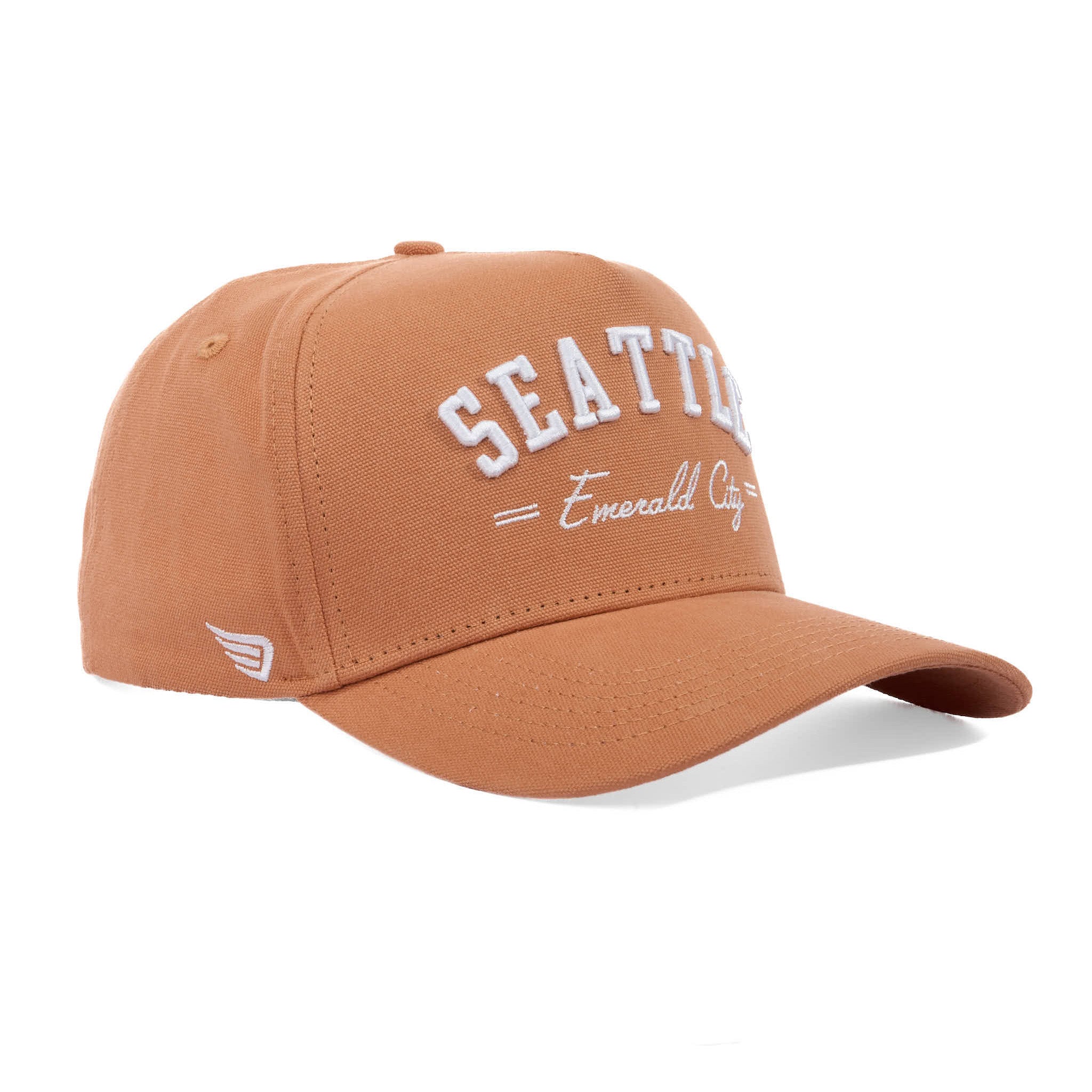Brown cap with 'Seattle Emerald City' text on a white background
