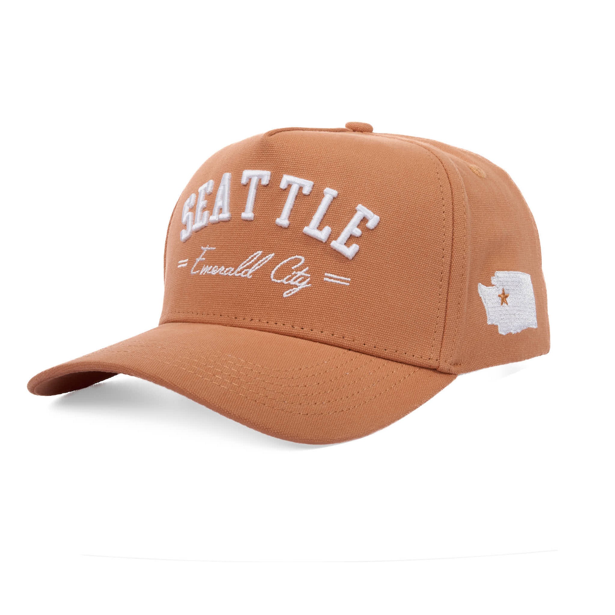 Brown cap with 'Seattle Emerald City' text and Washington state outline on a white background