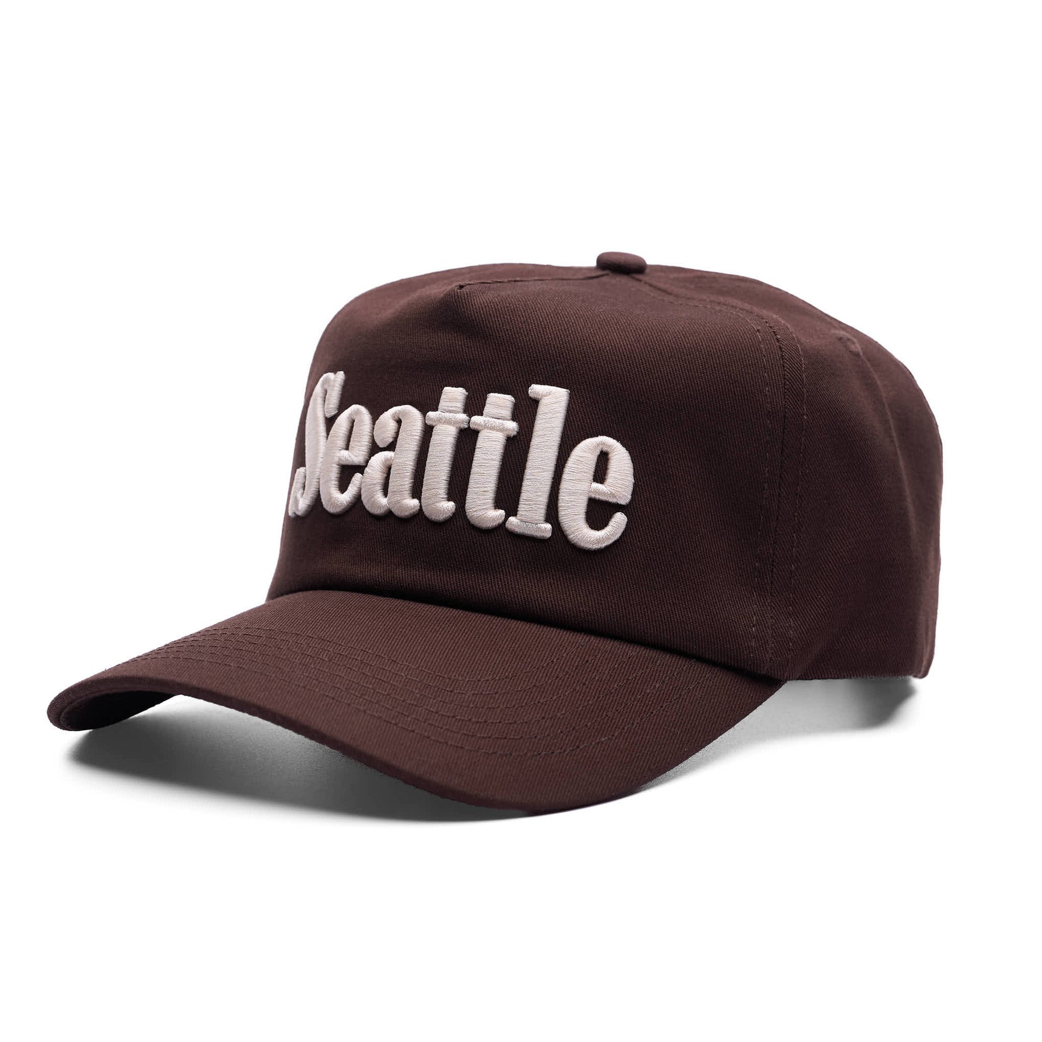 Brown cap with 'Seattle' embroidered on a white background