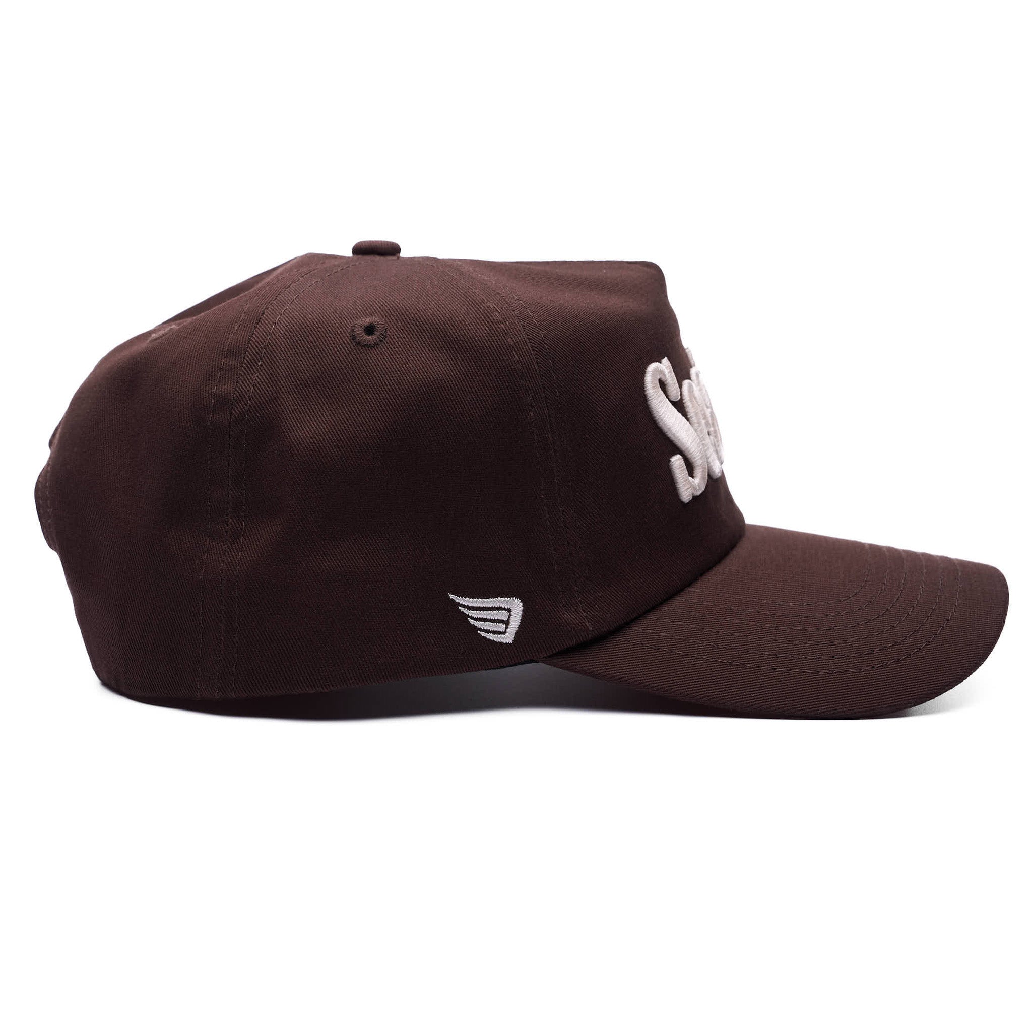 Brown cap with white logo on a white background