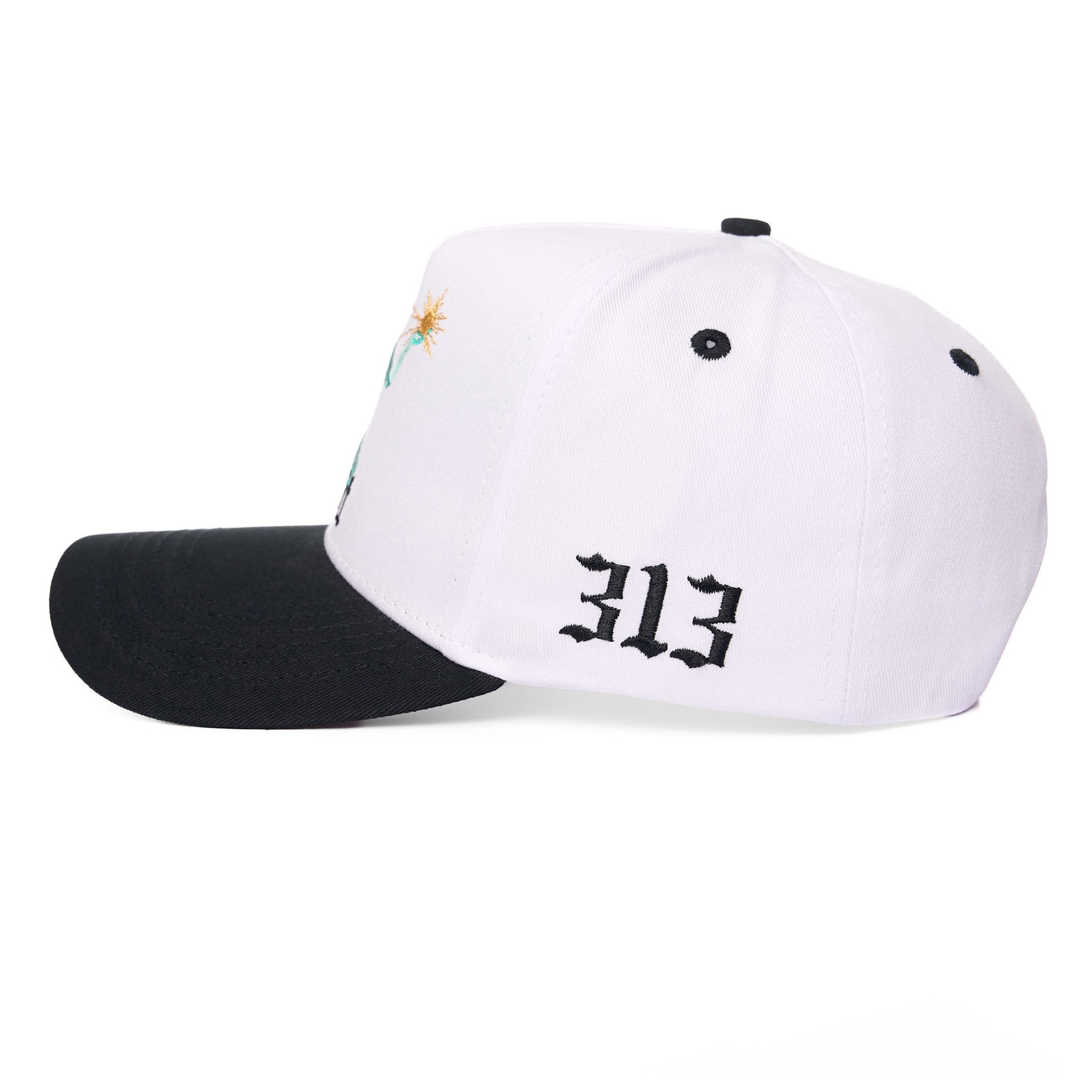 White and black cap with '313' embroidery on a white background