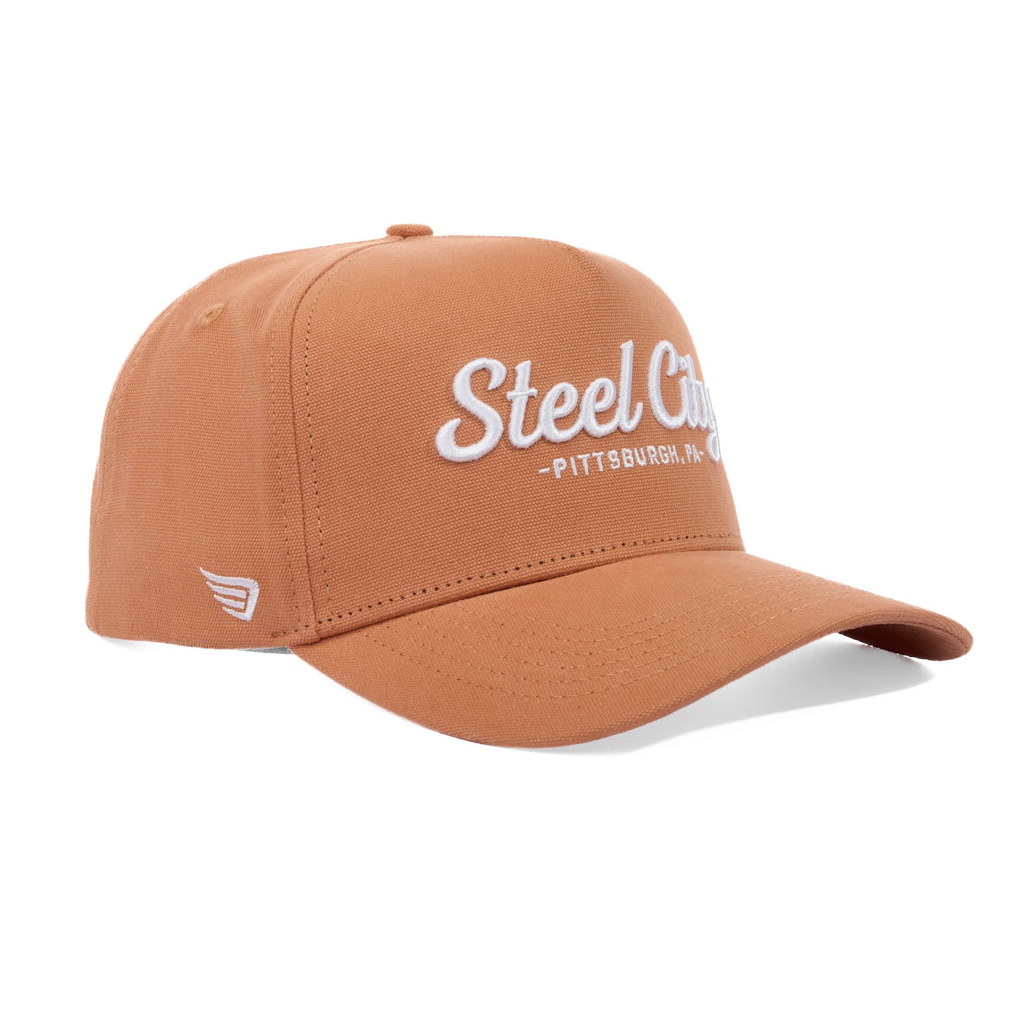Brown cap with 'Steel City Pittsburgh' text on a white background