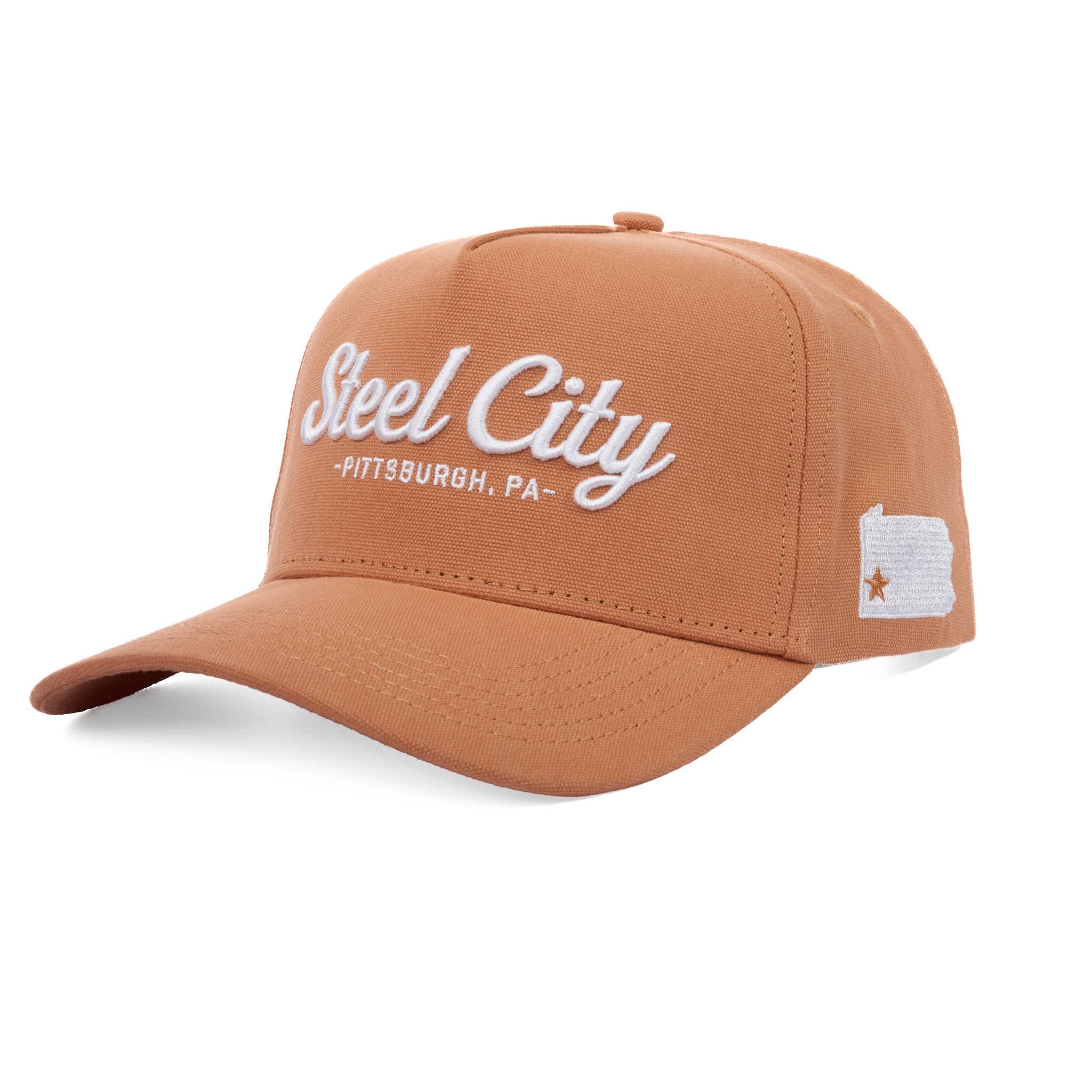 Brown cap with 'Steel City Pittsburgh, PA' text on a white background