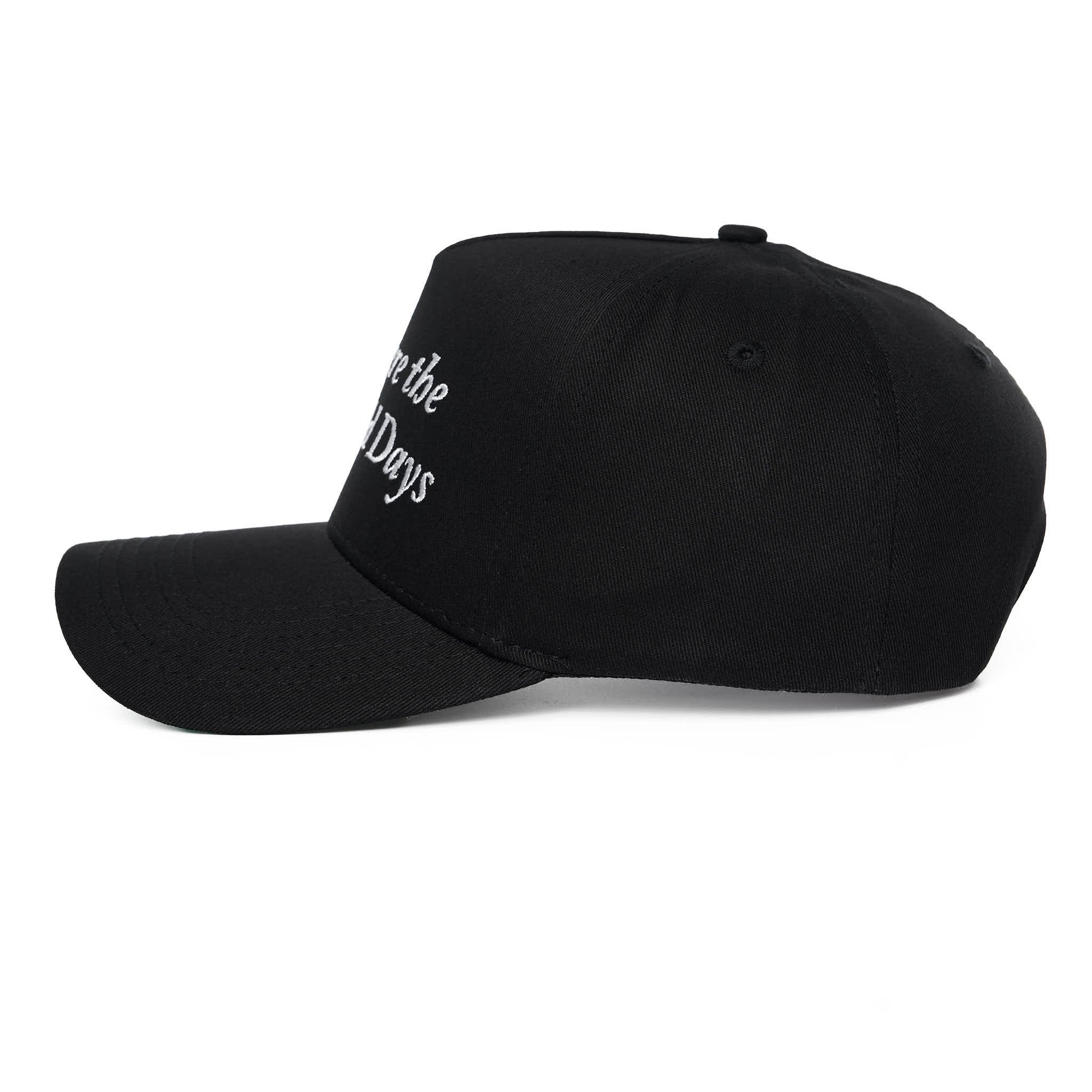 Black cap with white text on a white background