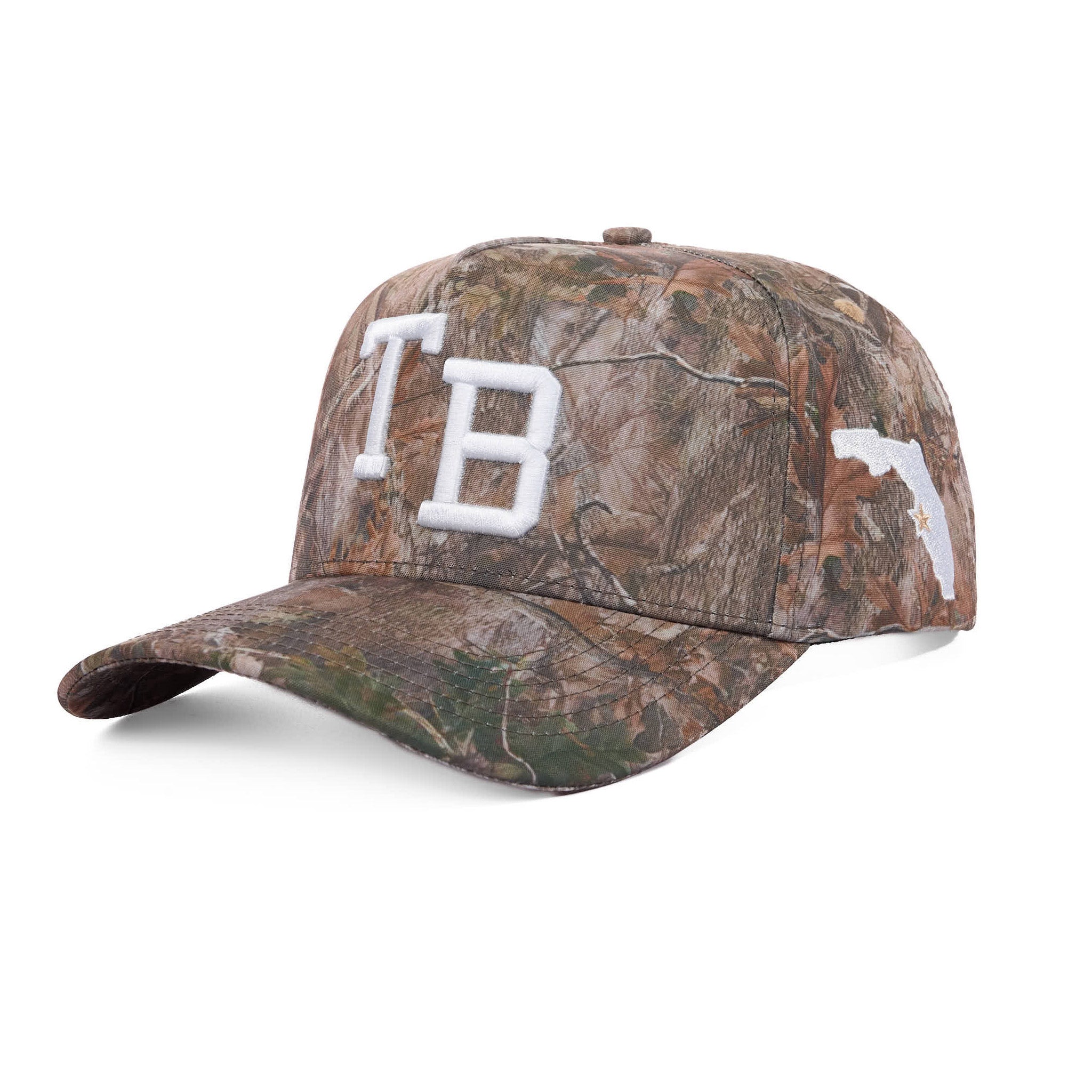 Camouflage baseball cap with 'TB' on a white background