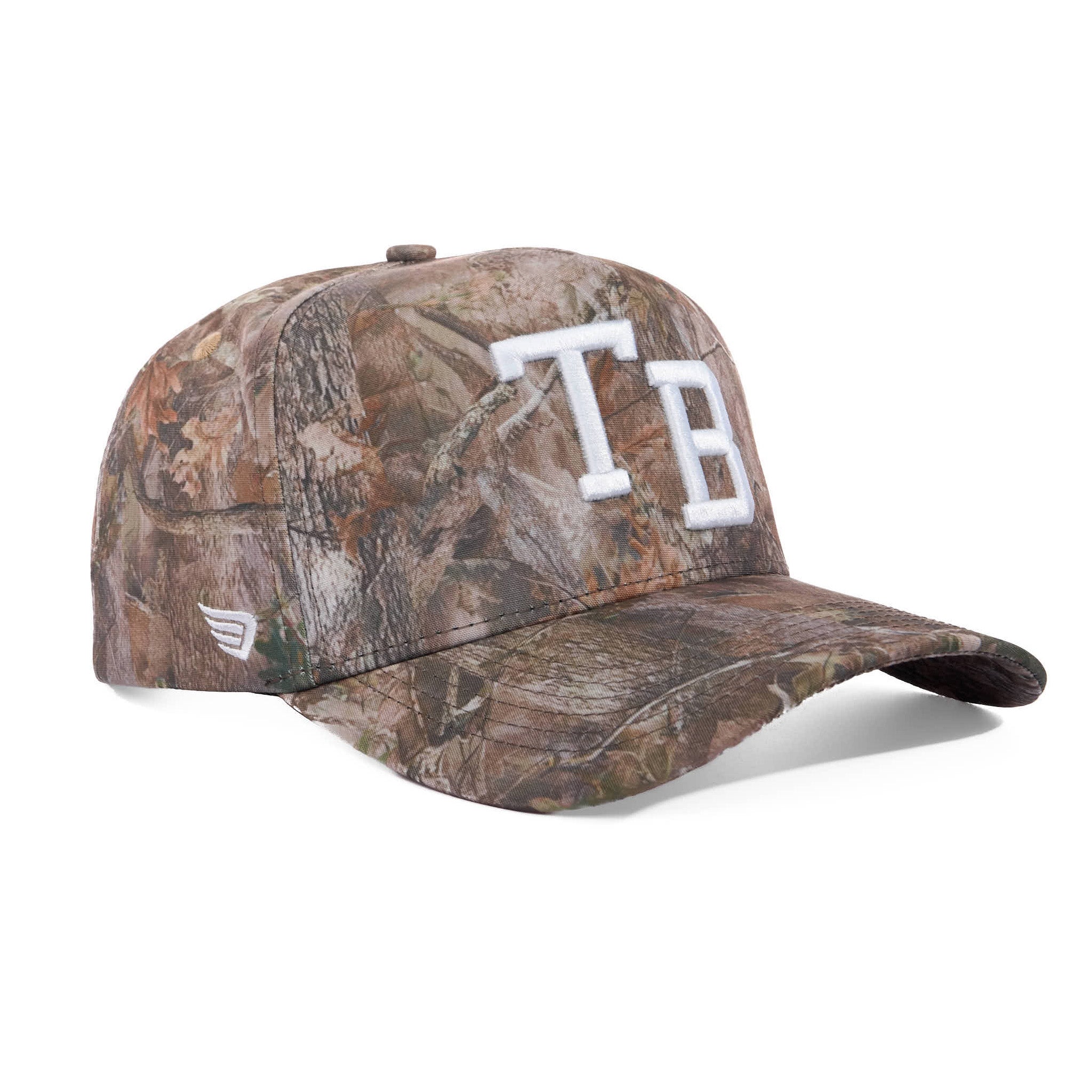 Camouflage baseball cap with 'TB' on a white background