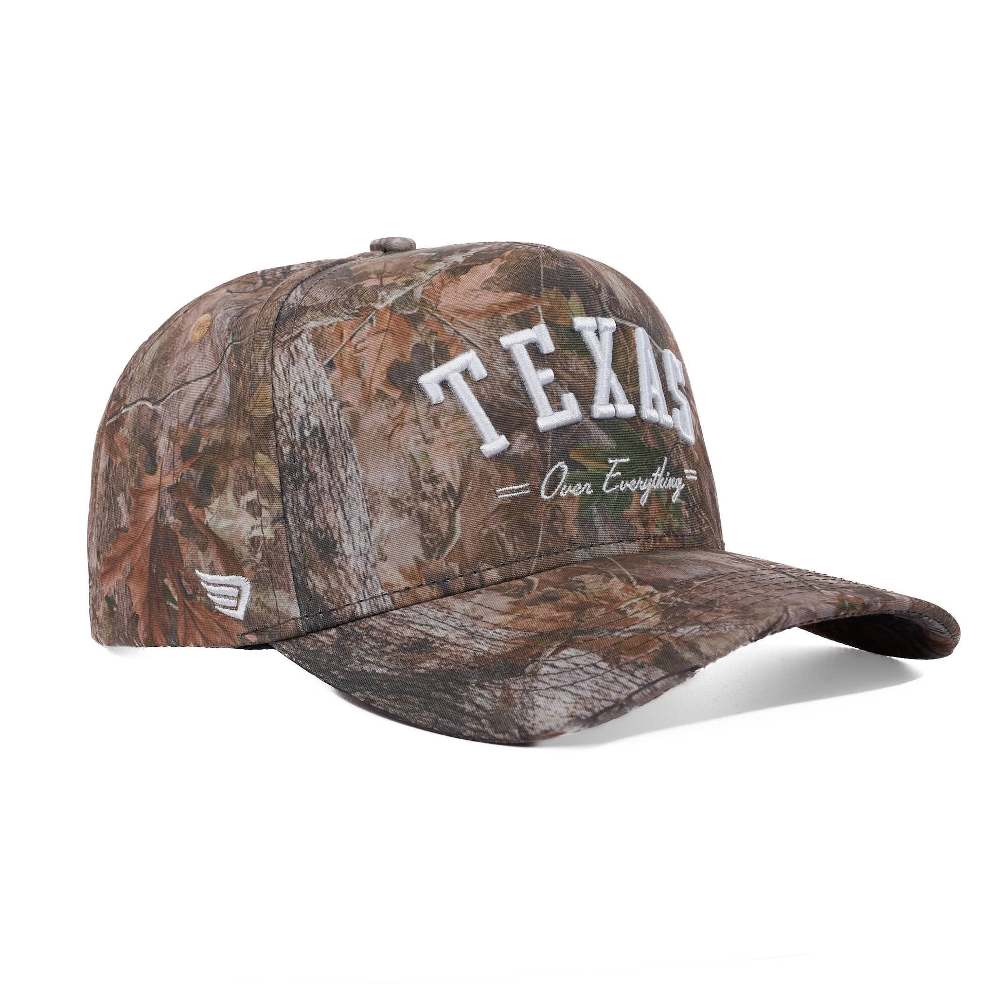 Camouflage cap with 'Texas Over Everything' text on a white background