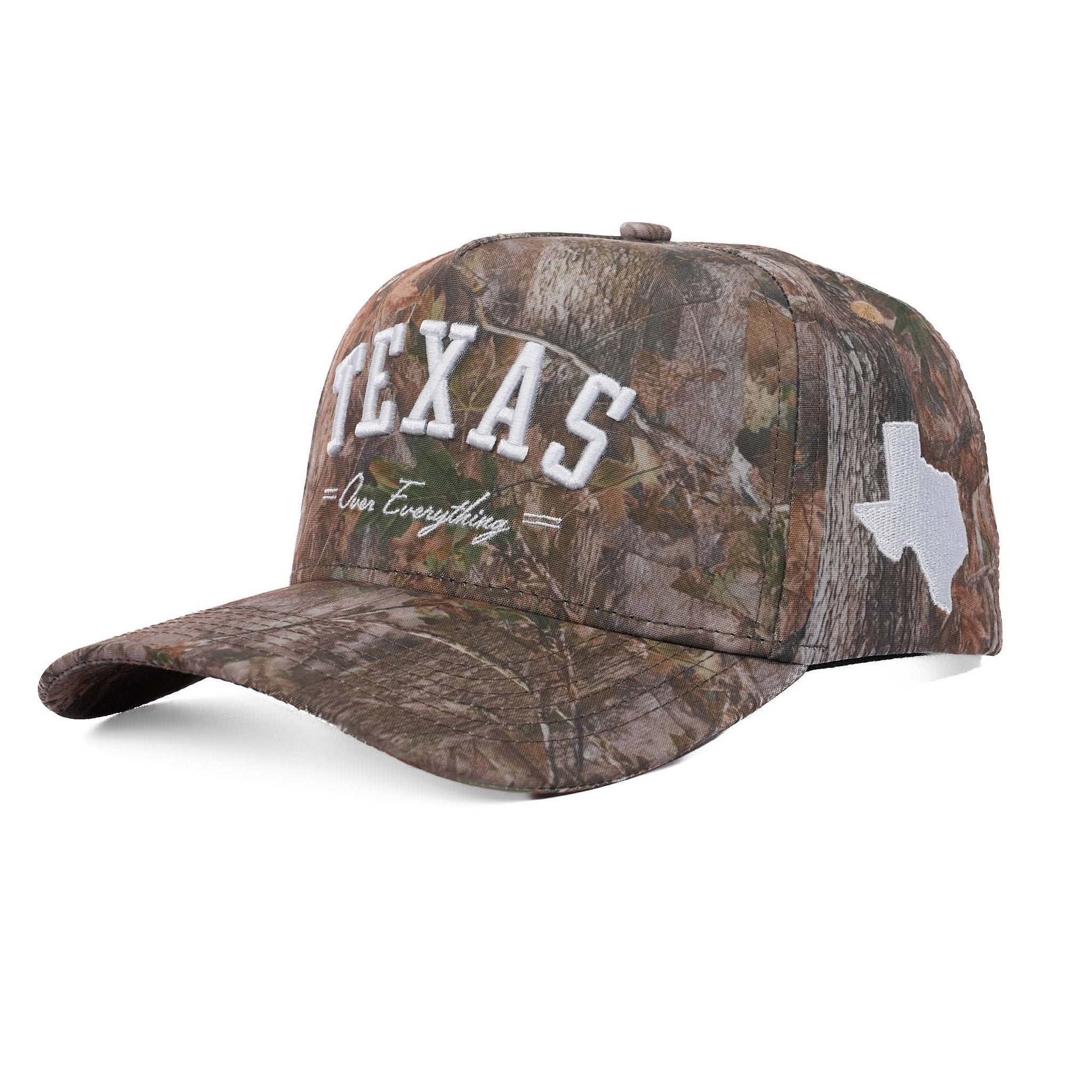 Camouflage baseball cap with 'Texas' and state outline on a white background