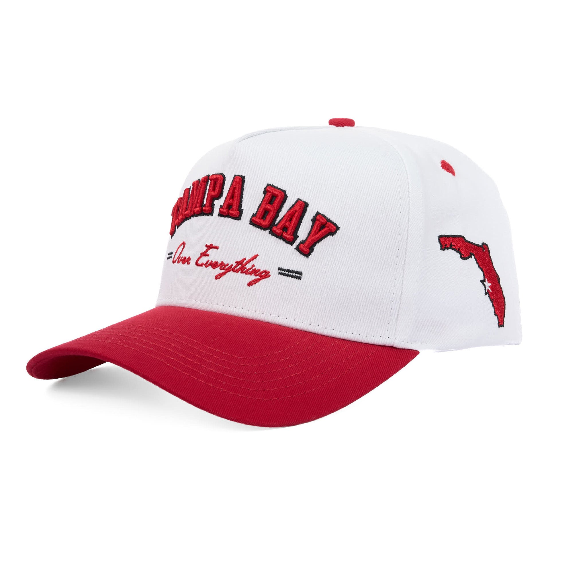 White and red cap with 'Tampa Bay' text and logo on a white background