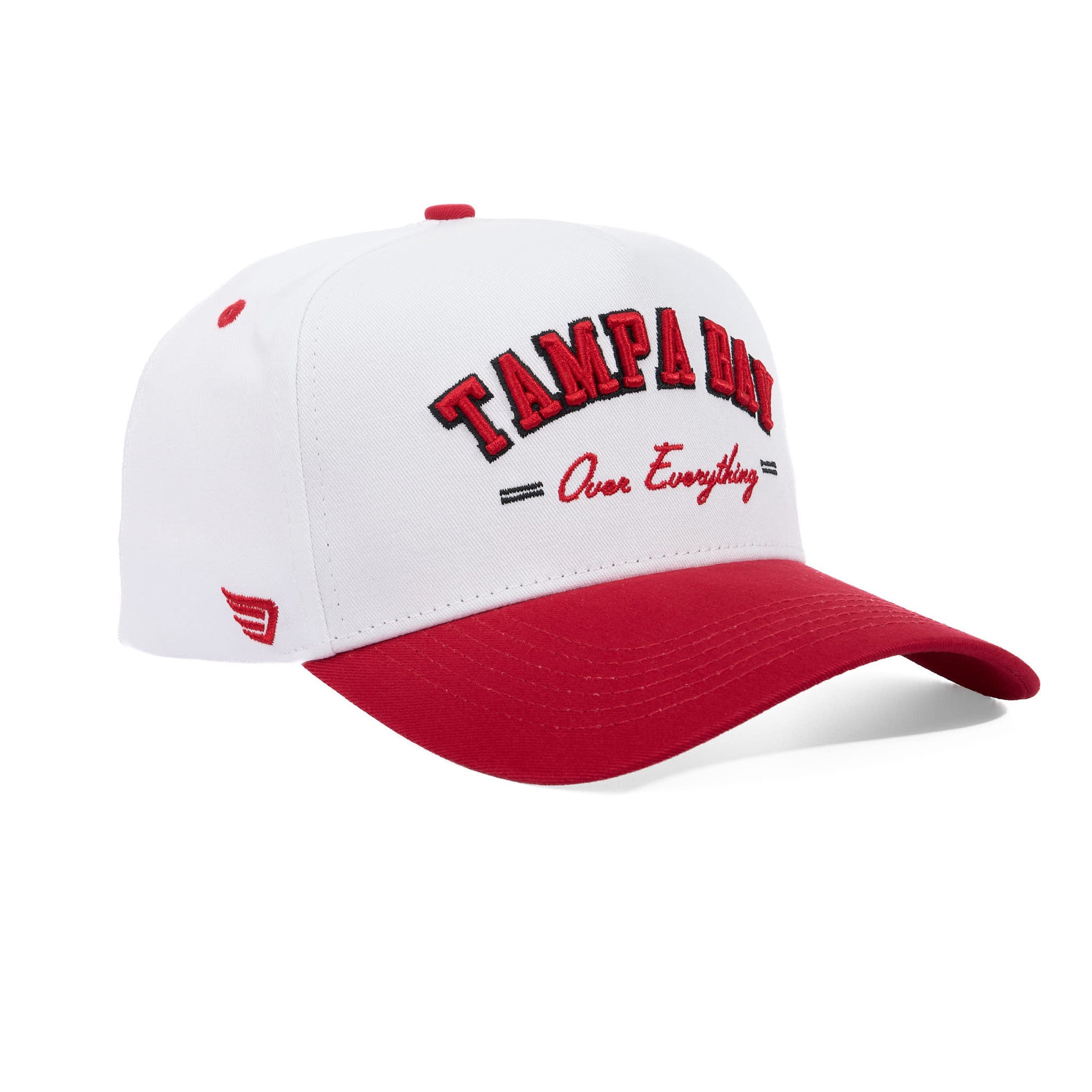 White and red cap with 'Tampa Bay Over Everything' text on a white background