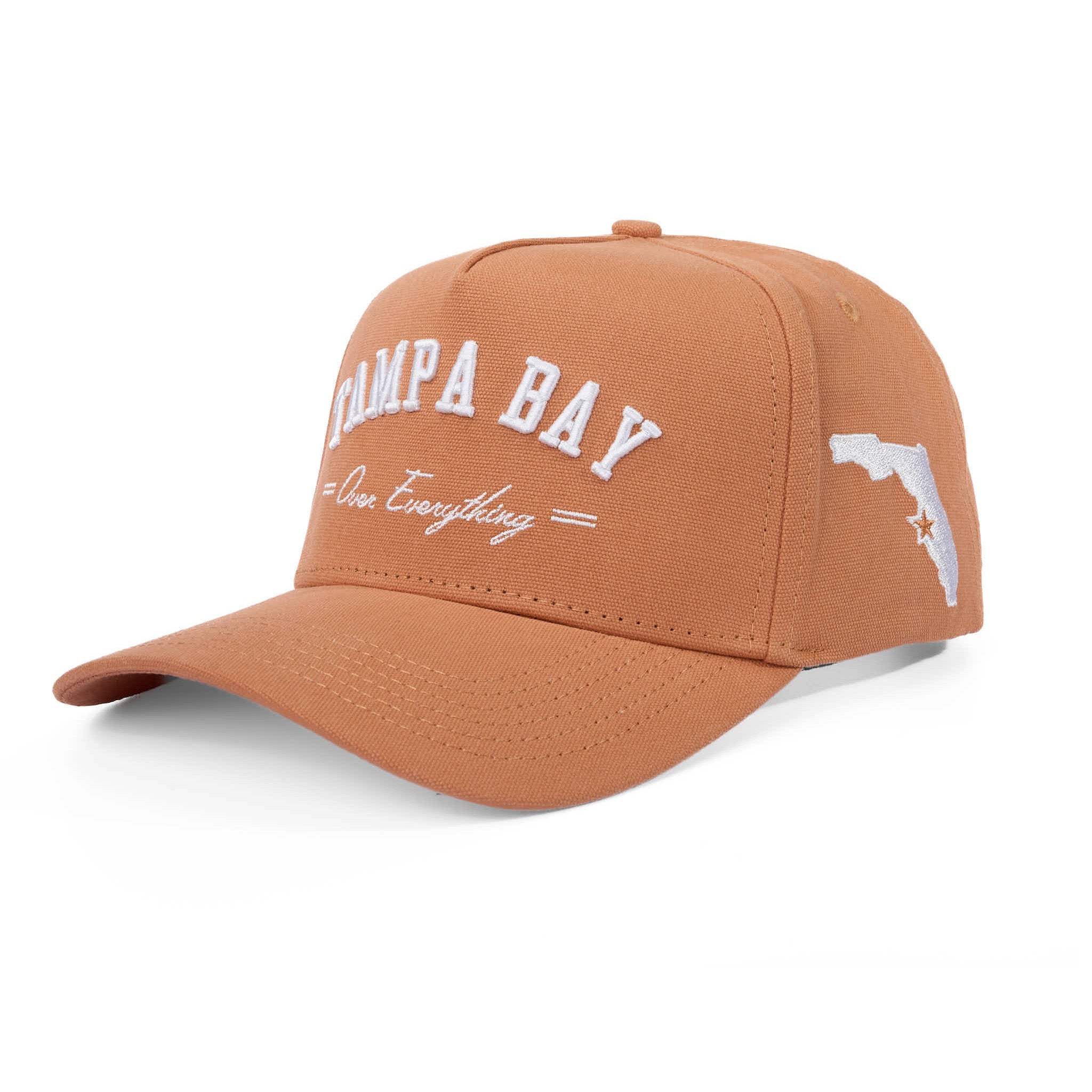 Mesa cap with 'Tampa Bay Over Everything' text and a map of Florida on a white background