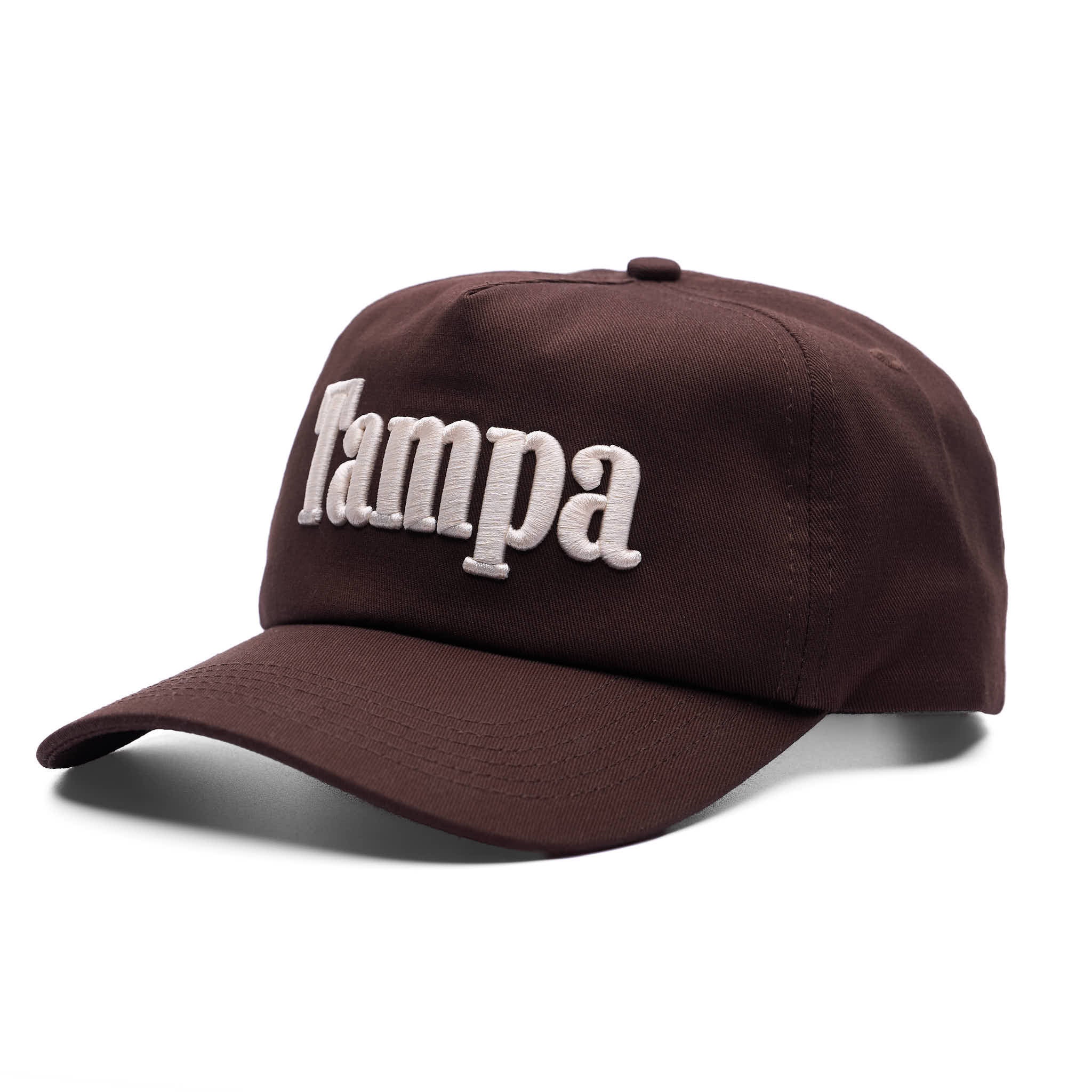 Brown cap with 'Tampa' embroidered on a white background