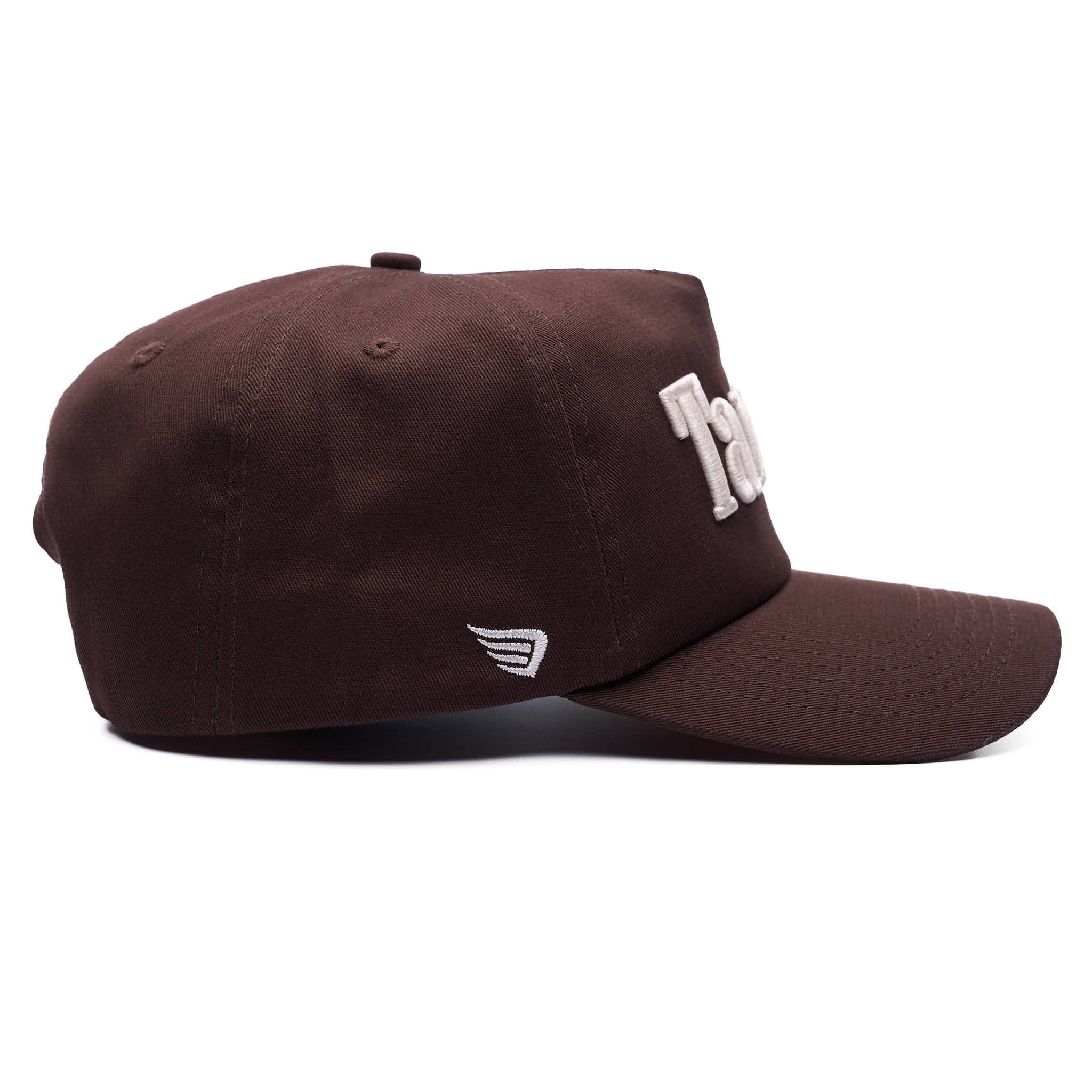Brown cap with white logo on a white background