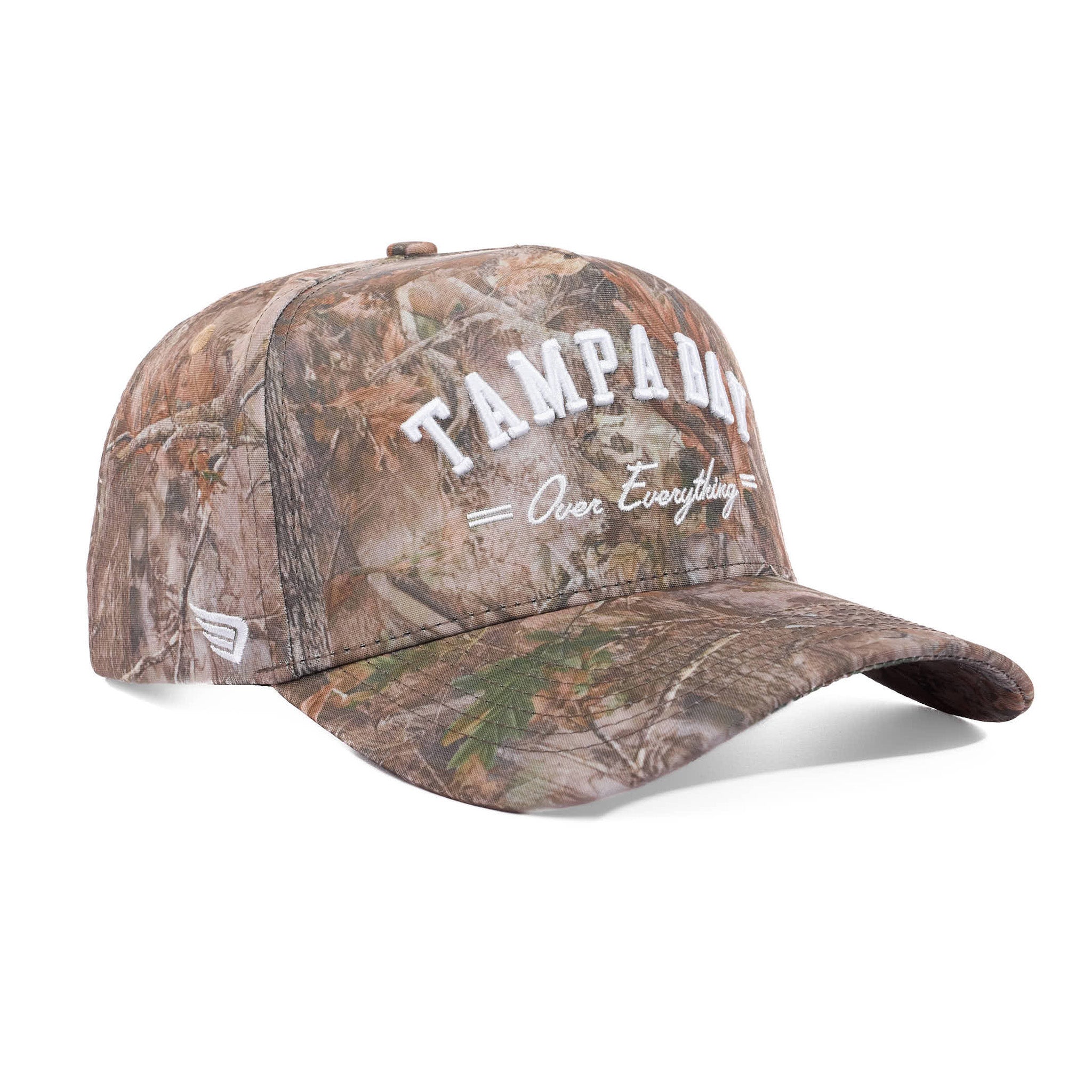 Camouflage baseball cap with 'Tampa Bay Over Everything' text on a white background