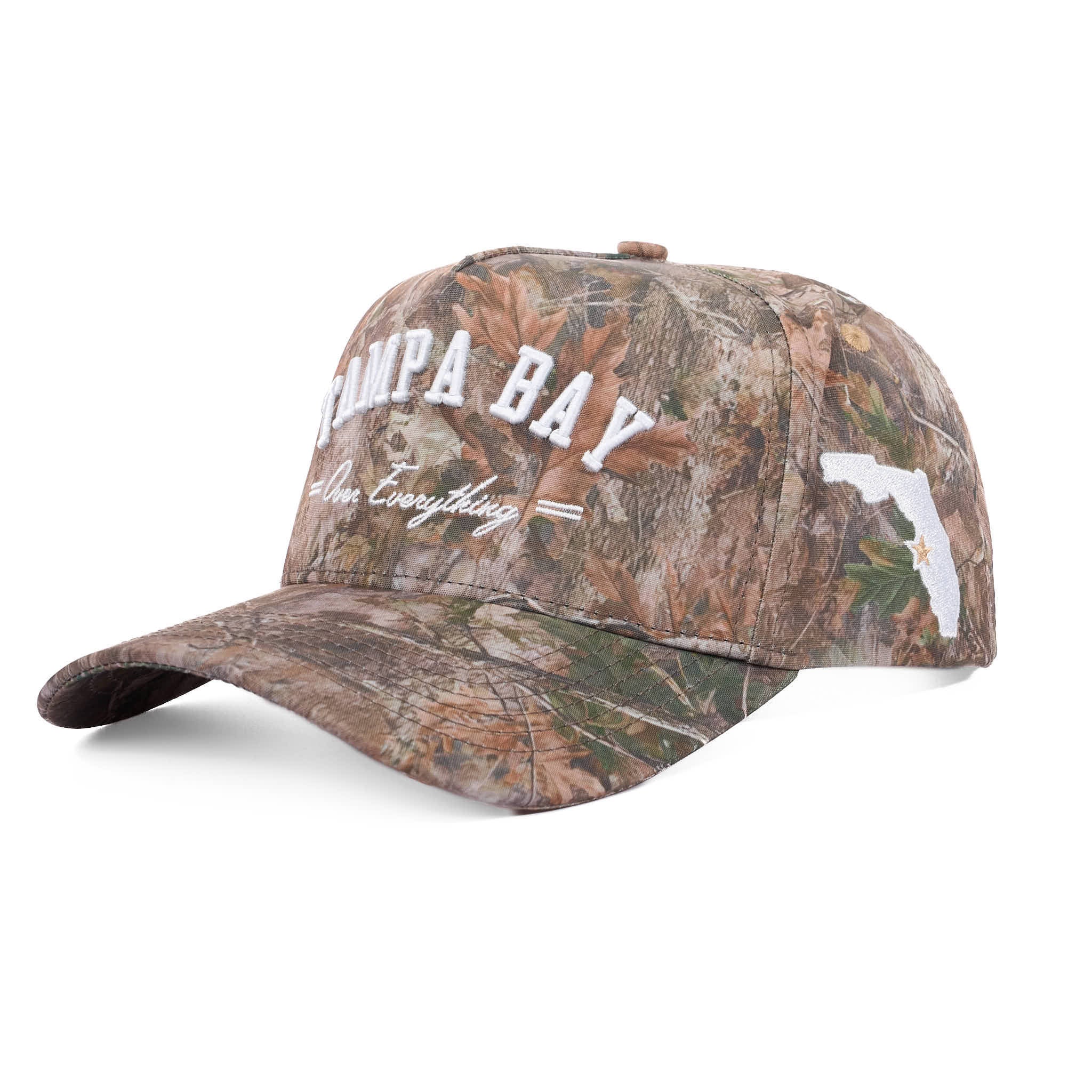 Camouflage baseball cap with 'Tampa Bay' and state design on a white background