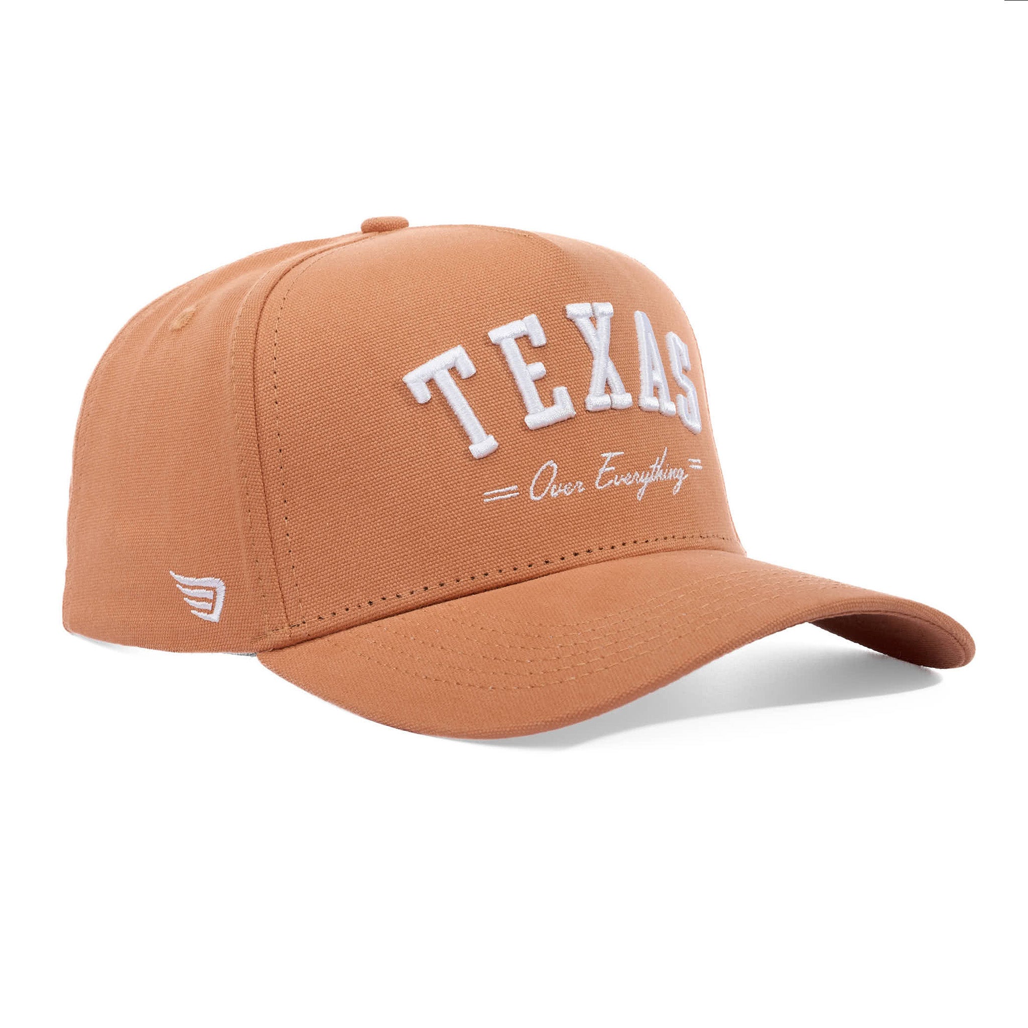 Brown cap with 'TEXAS Over Everything' text on a white background
