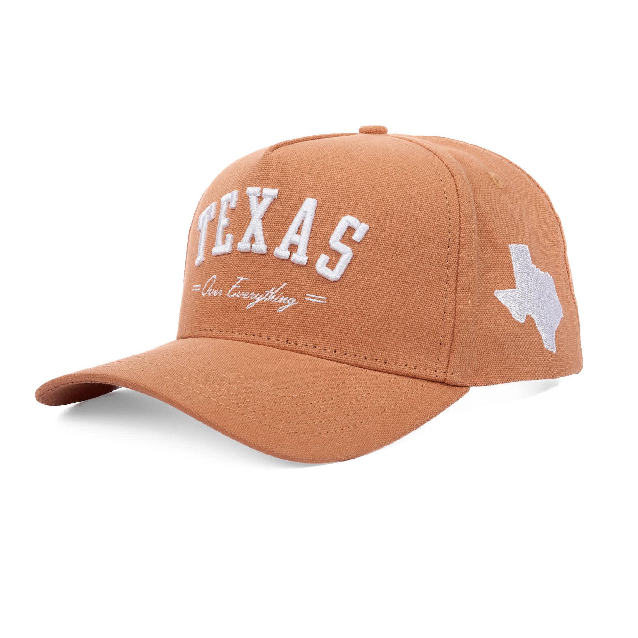 Brown cap with 'TEXAS Over Everything' text and a white Texas map on a white background