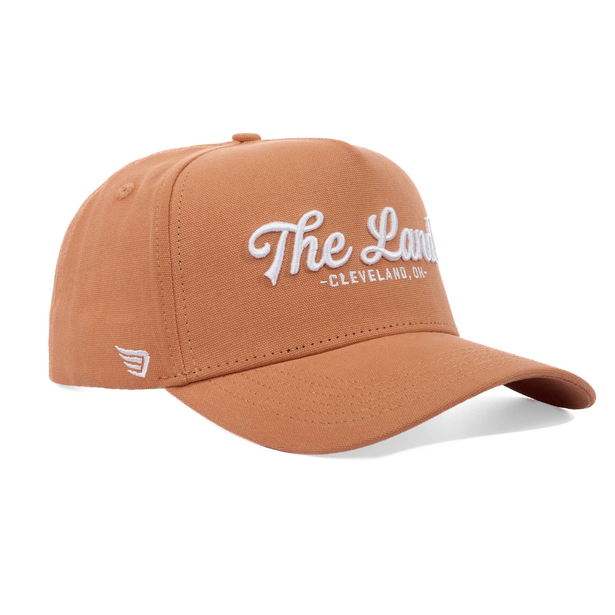 Brown cap with white text on a white background