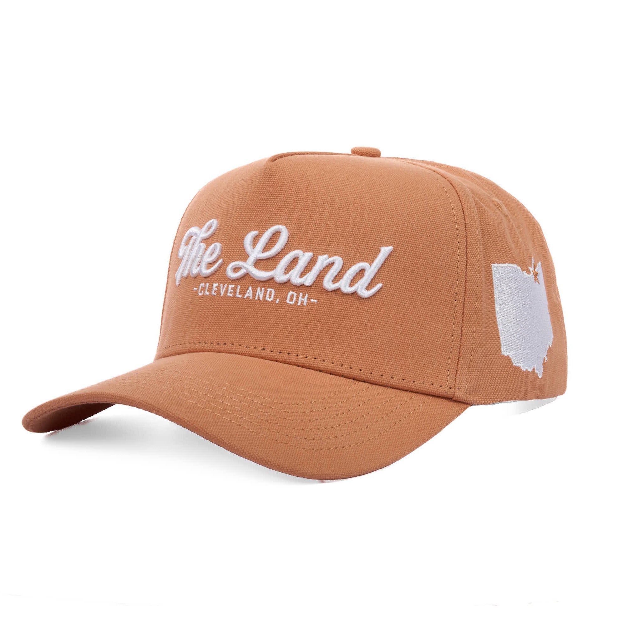 Brown cap with 'The Land Cleveland, OH' text and Ohio map on a white background