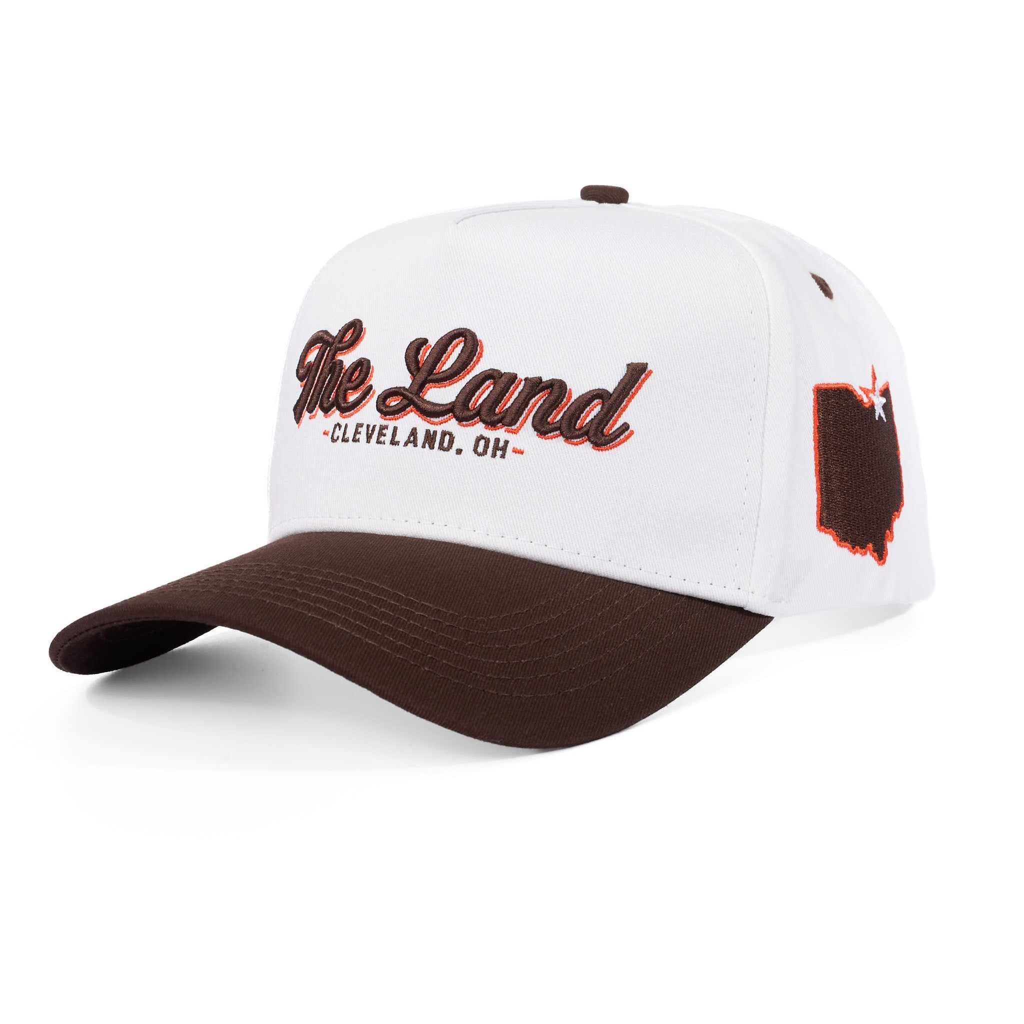 White and brown cap with 'The Land Cleveland, OH' text and Ohio map design on a white background
