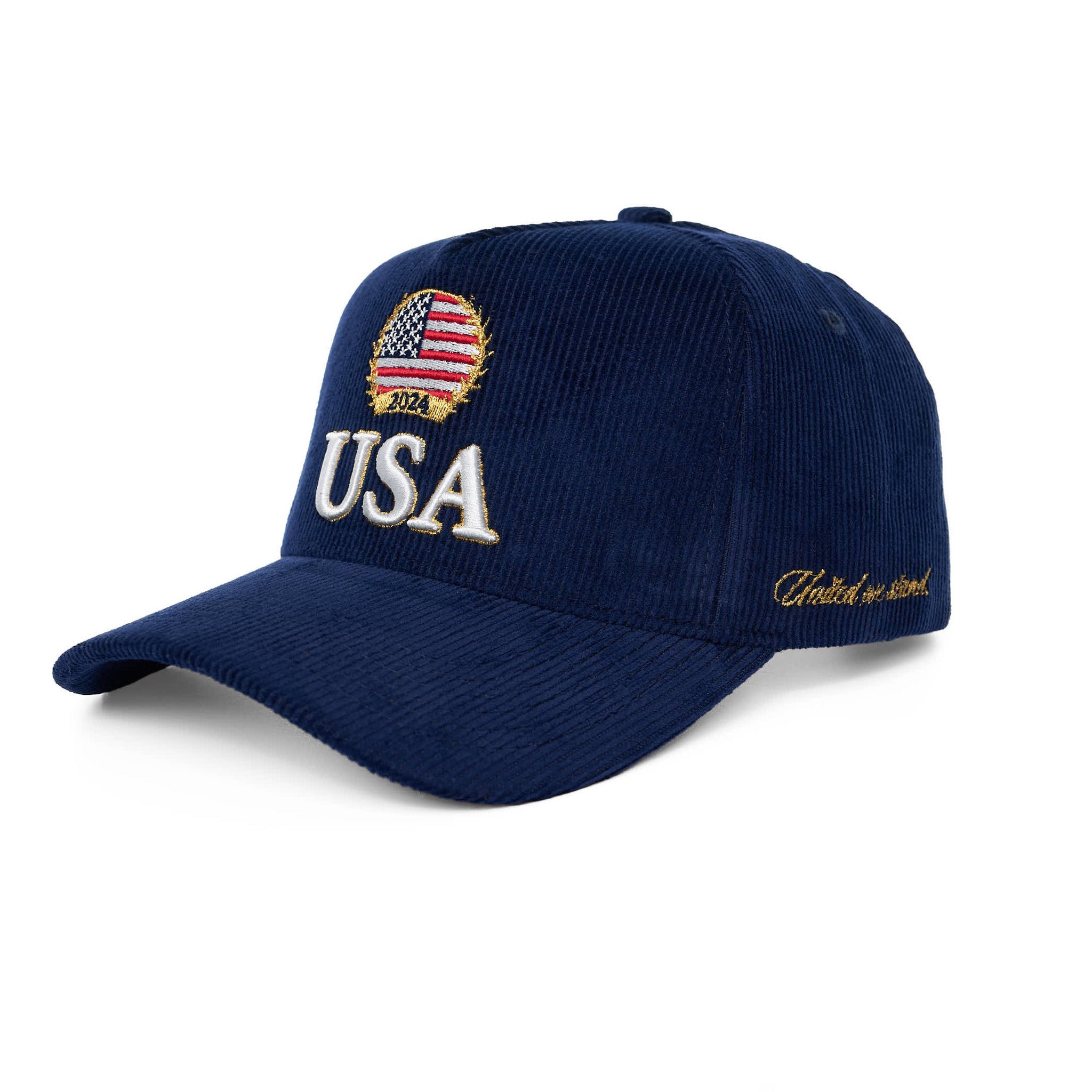 Navy blue cap with 'USA' text and American flag emblem on a white background