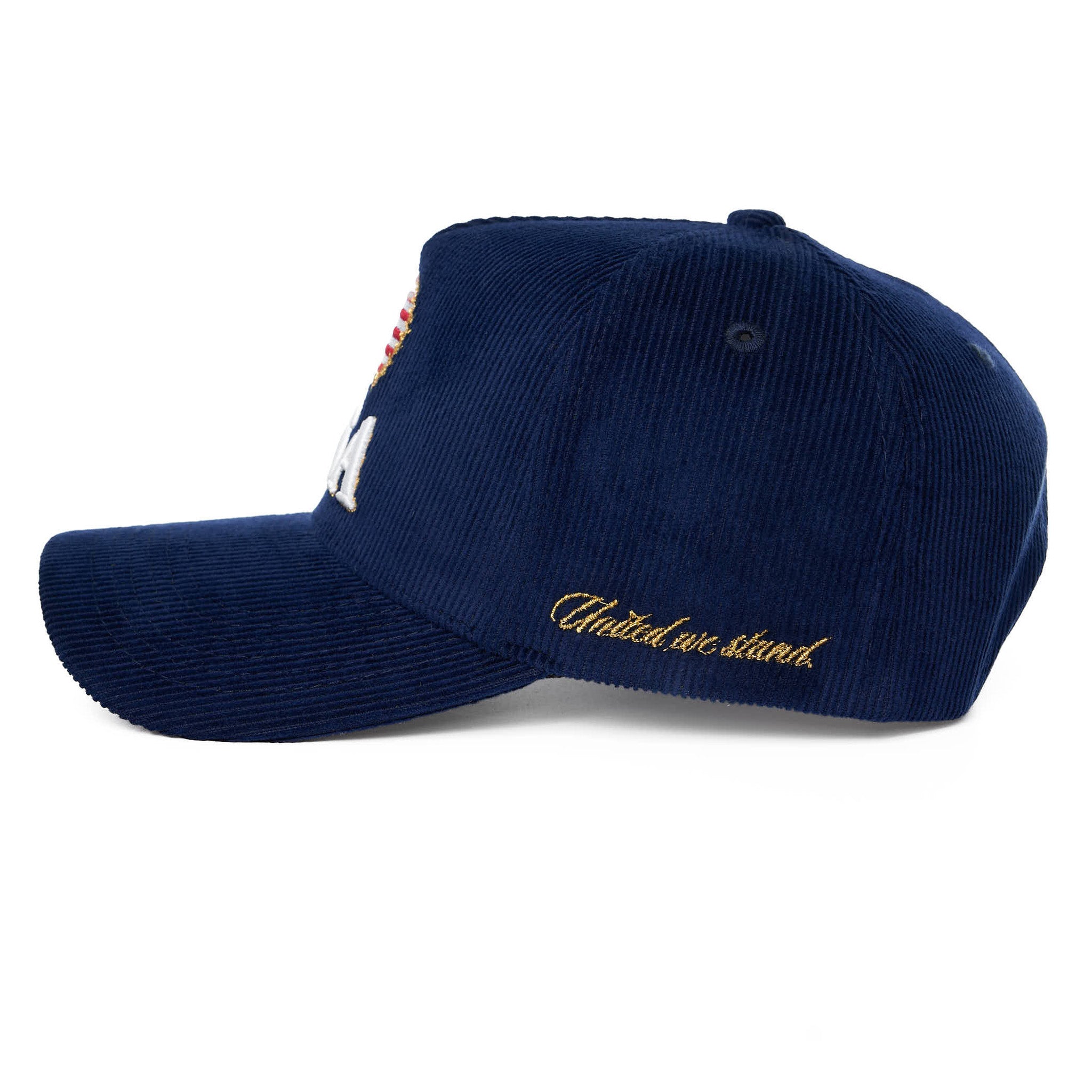 Navy blue cap with 'United we stand' text on a white background