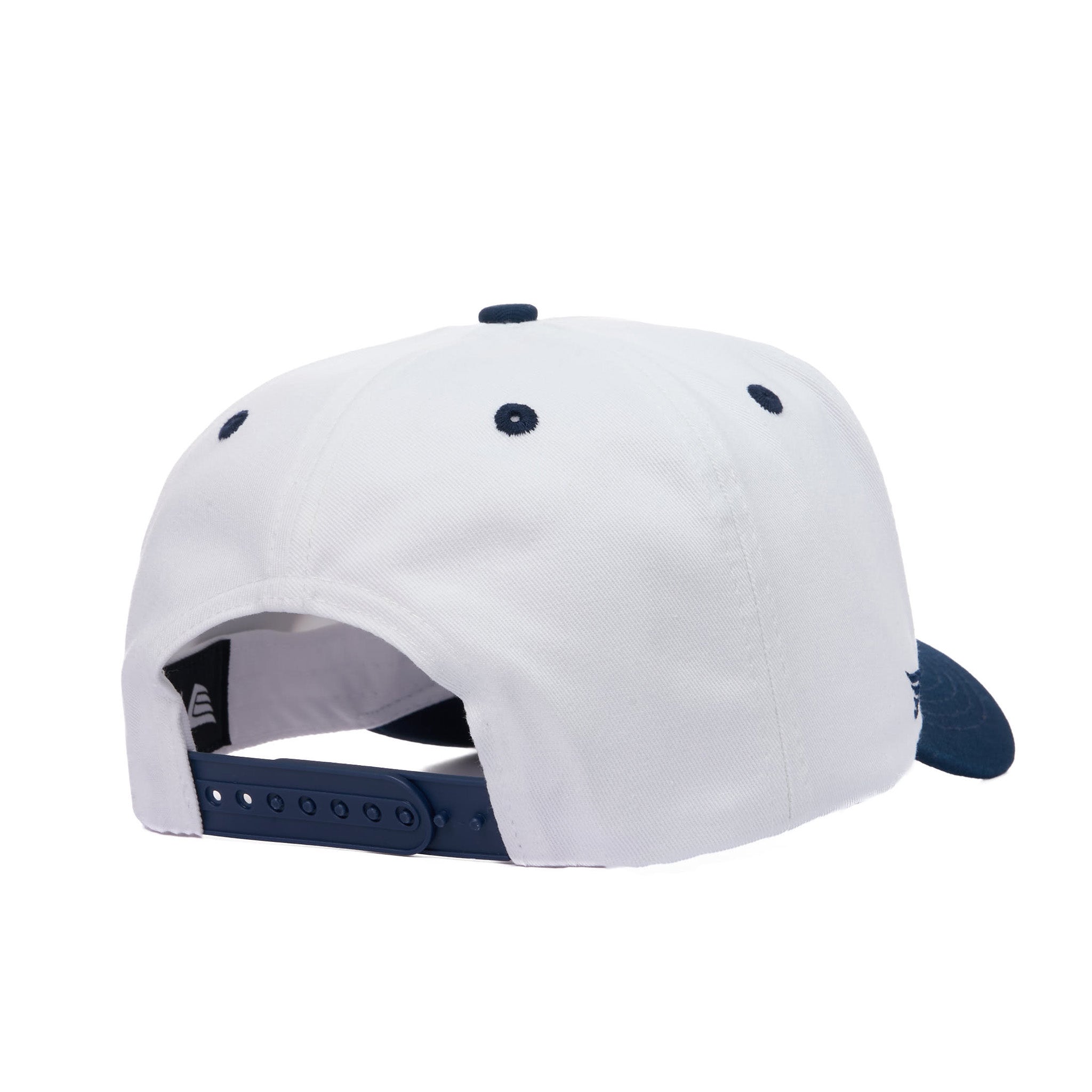 White cap with navy blue accents on a white background