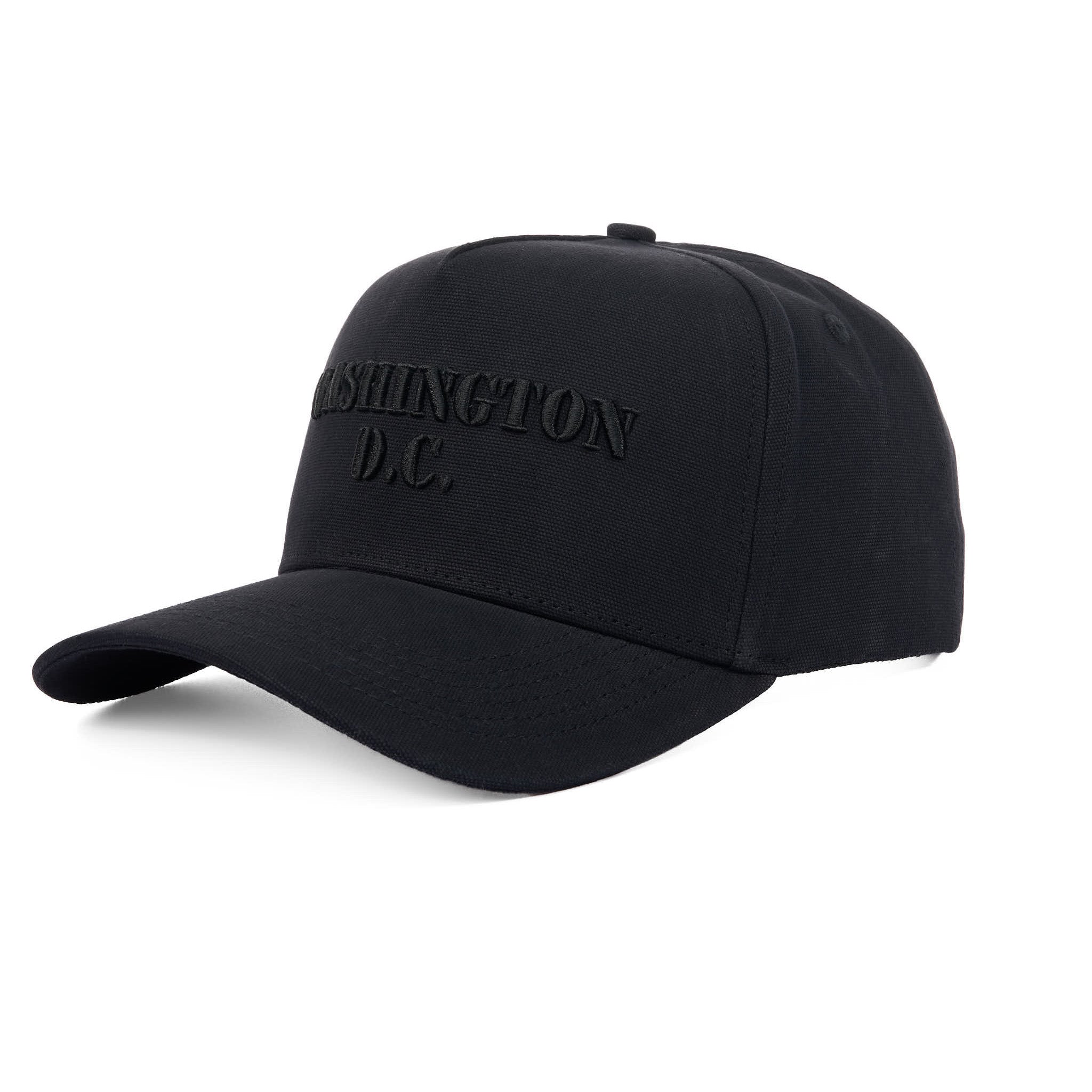 Black cap with 'Washington D.C.' text on a white background