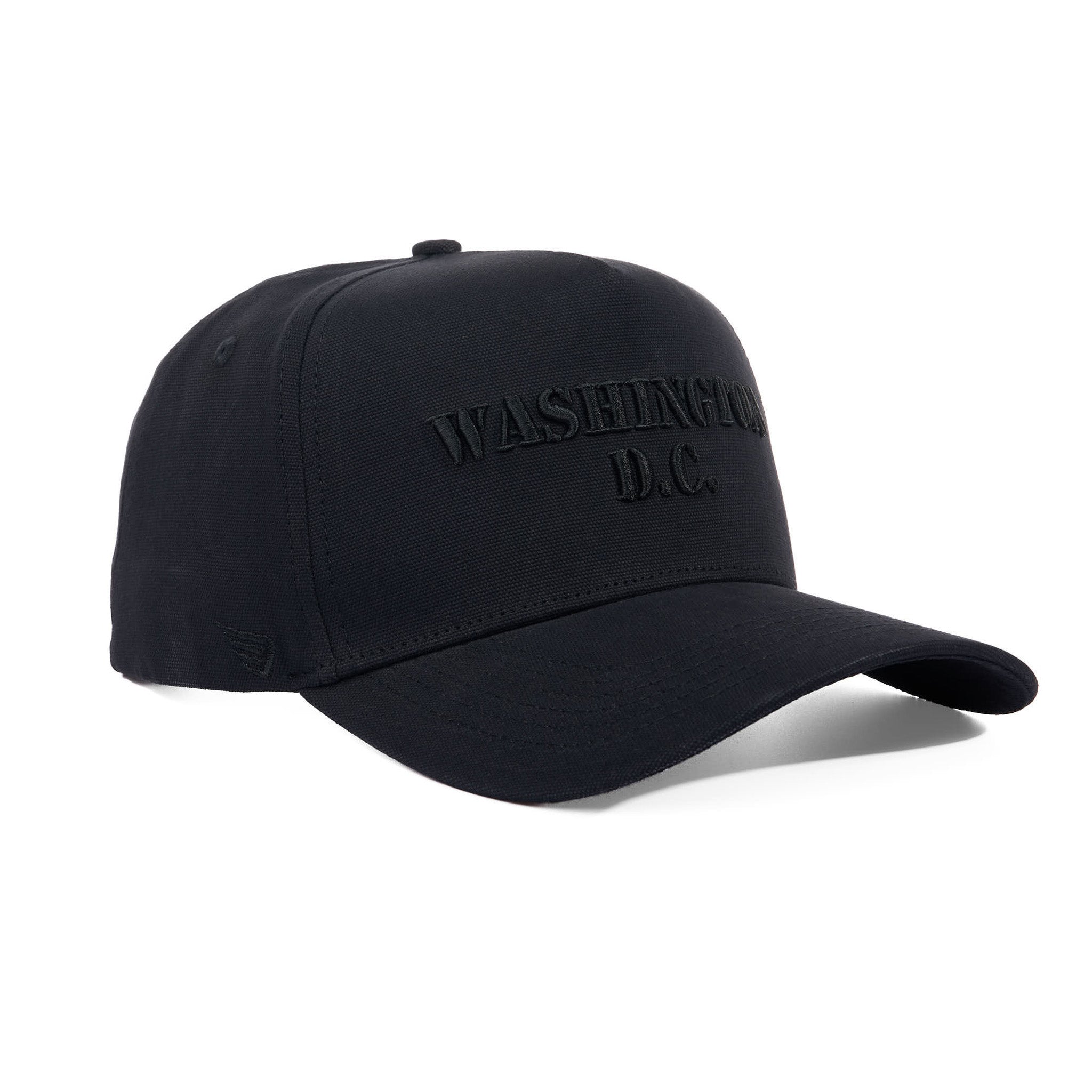 Black cap with 'Washington D.C.' text on a white background